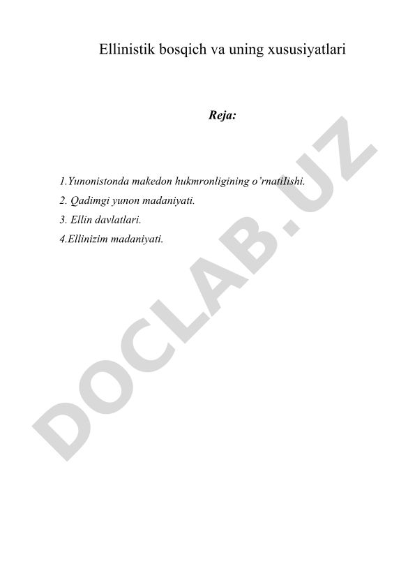 Ellinistik bosqich va uning xususiyatlari