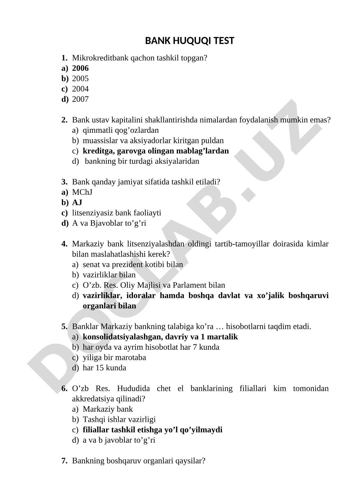 Bank huquqi test