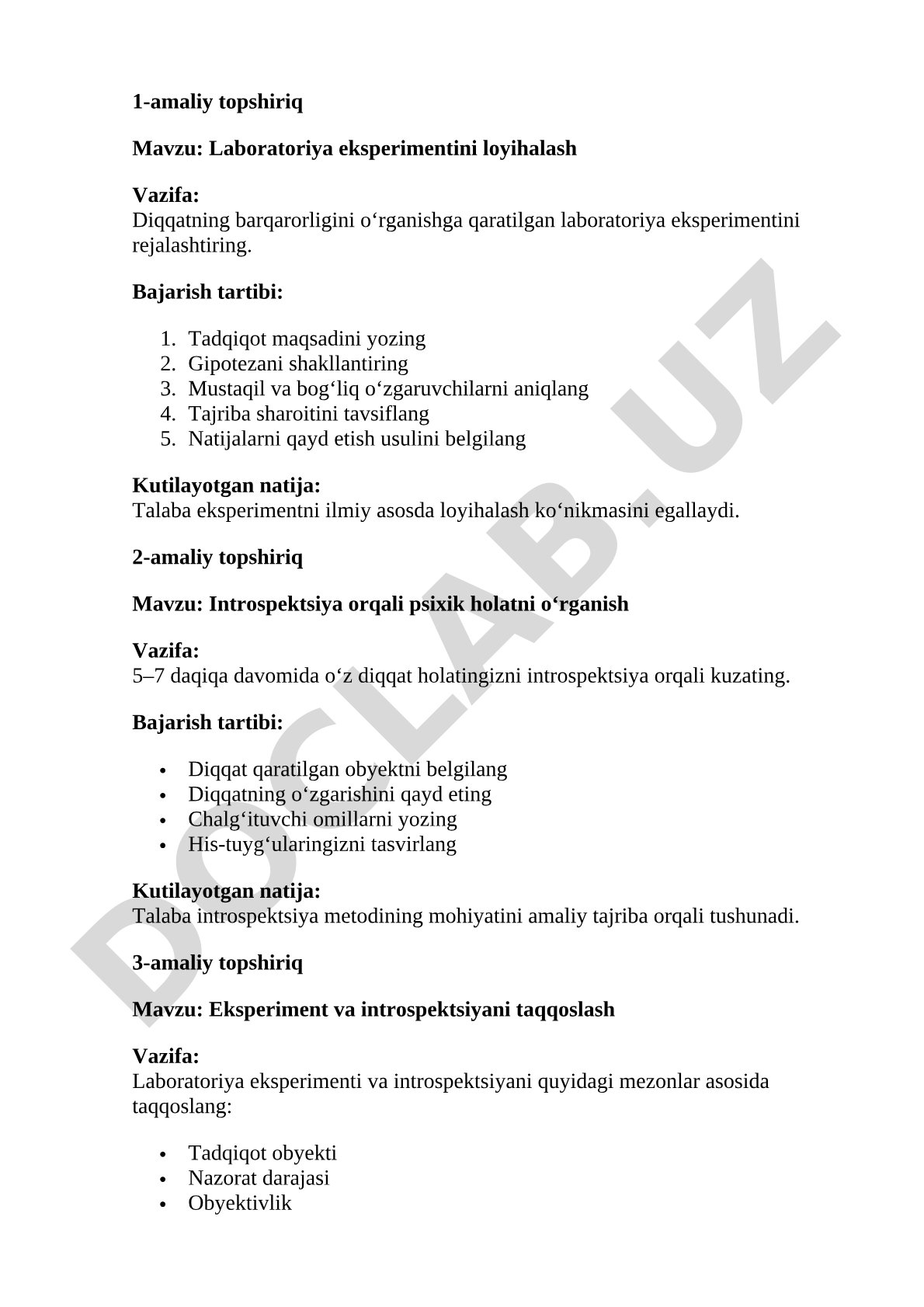 Laboratoriya eksperimentini loyihalash va introspektsiya orqali psixik holatni o‘rganish