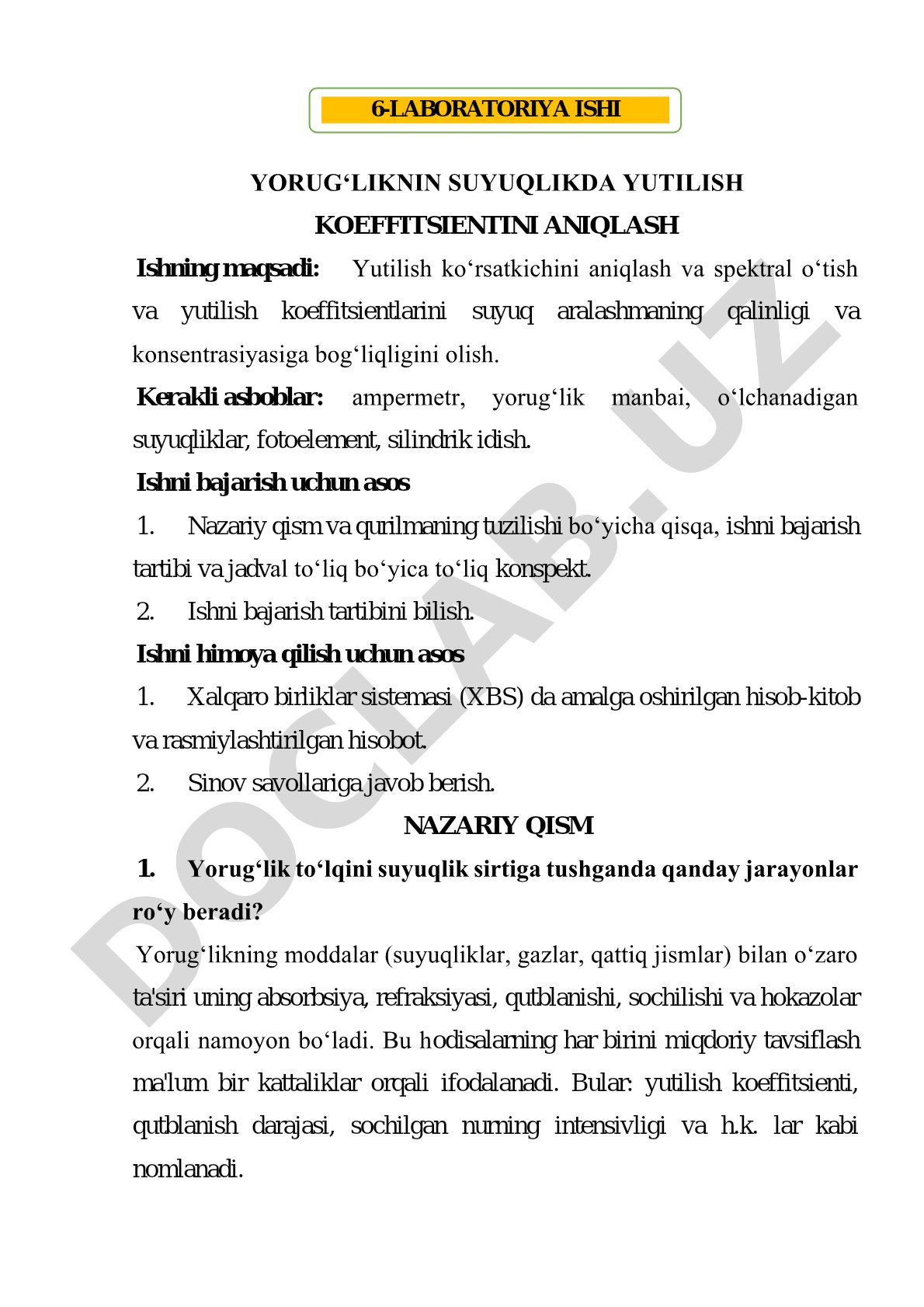 Yorug‘liknin suyuqlikda yutilish koeffitsientini aniqlash