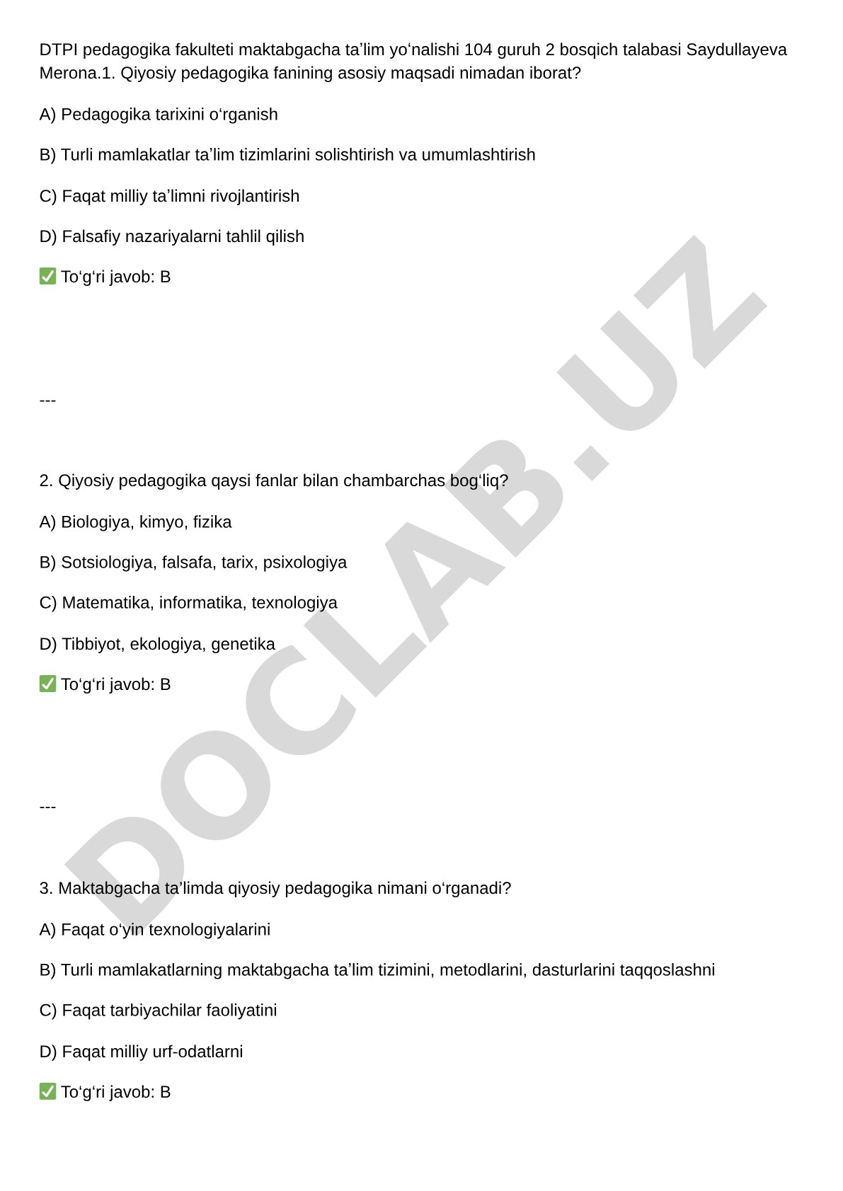 Qiyosiy pedagogika fanidan test savollari
