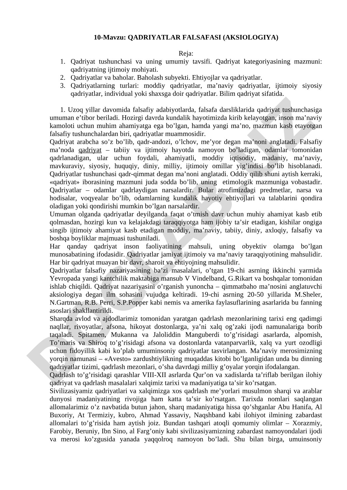 QADRIYATLAR FALSAFASI (AKSIOLOGIYA)