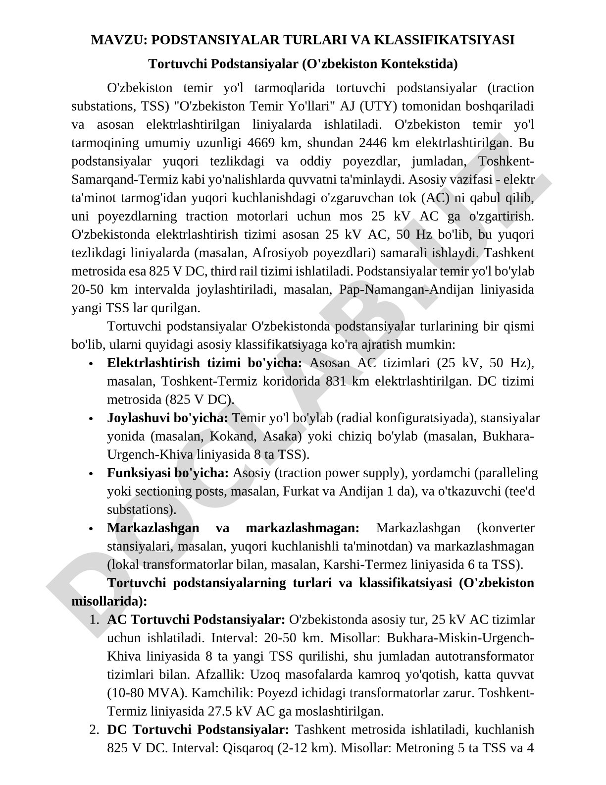 PODSTANSIYALAR TURLARI VA KLASSIFIKATSIYASI Tortuvchi Podstansiyalar (O'zbekiston Kontekstida)