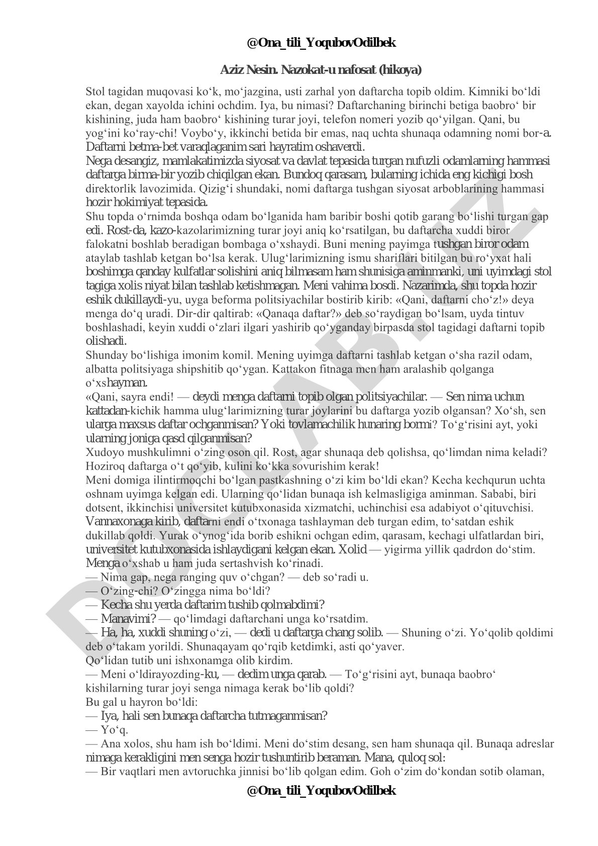 Aziz Nesin. Nazokat-u nafosat (hikoya)