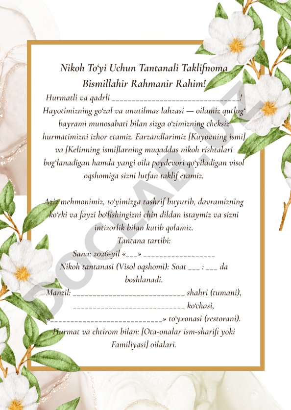 Nikoh to'yi uchun taklifnoma