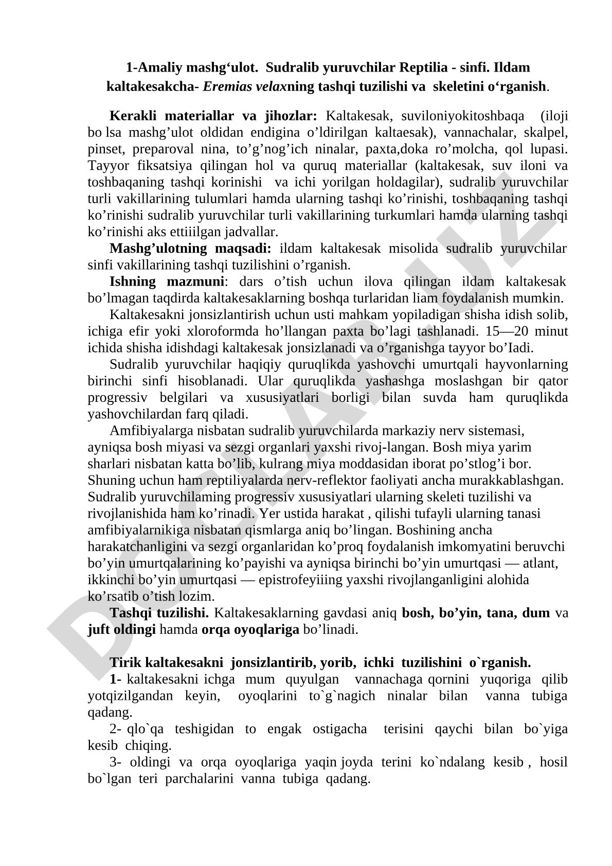 Ildam kaltakesakchaning tashqi tuzilishi va skeletini o‘rganish