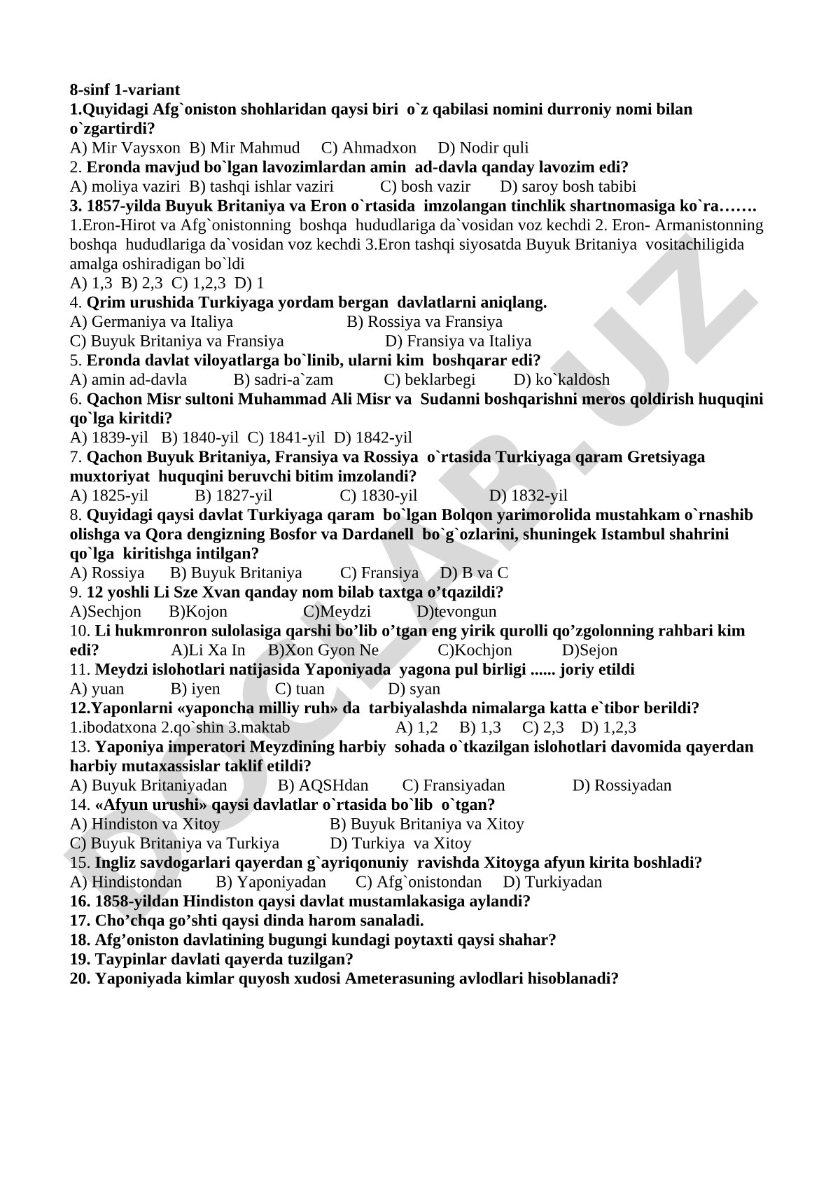 8-sinf tarix fanidan Afg'oniston, Eron va Misr mavzusidagi test savollari