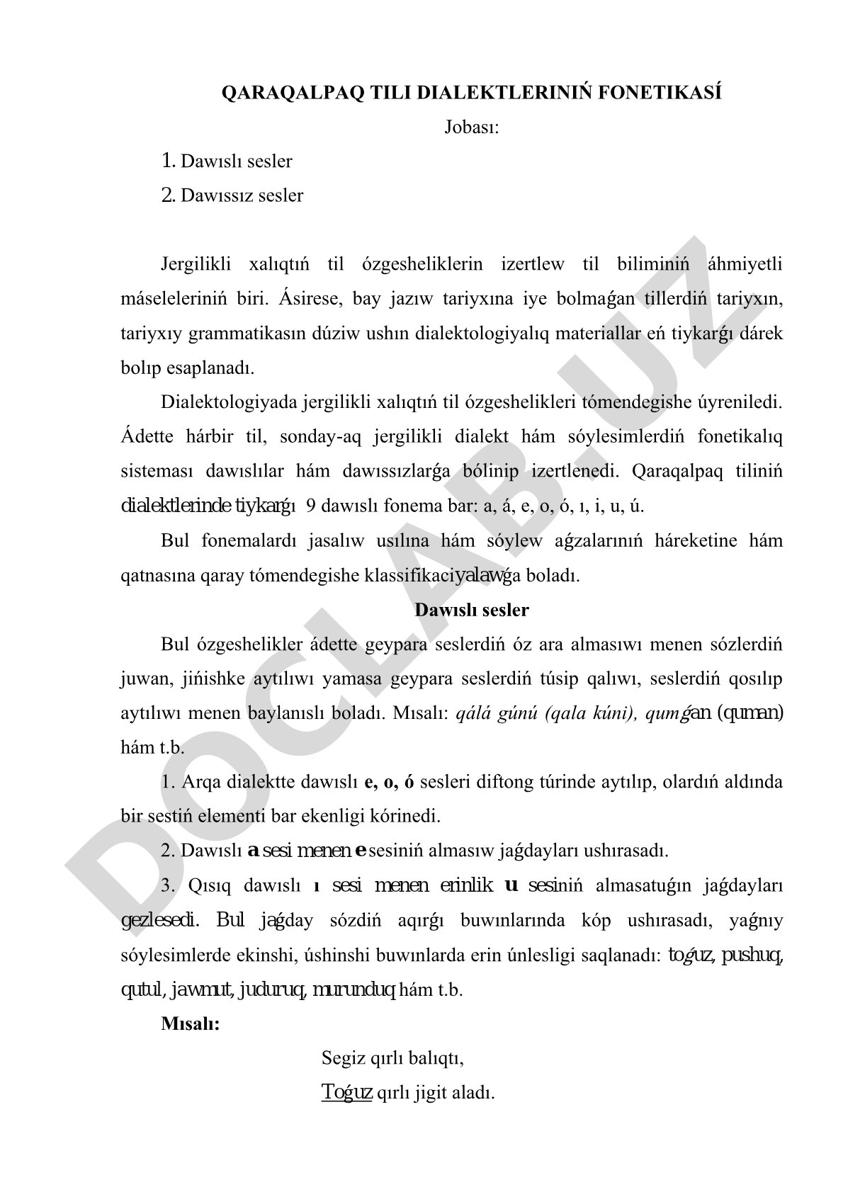 Qaraqalpaq tili dialektleriniń fonetikası
