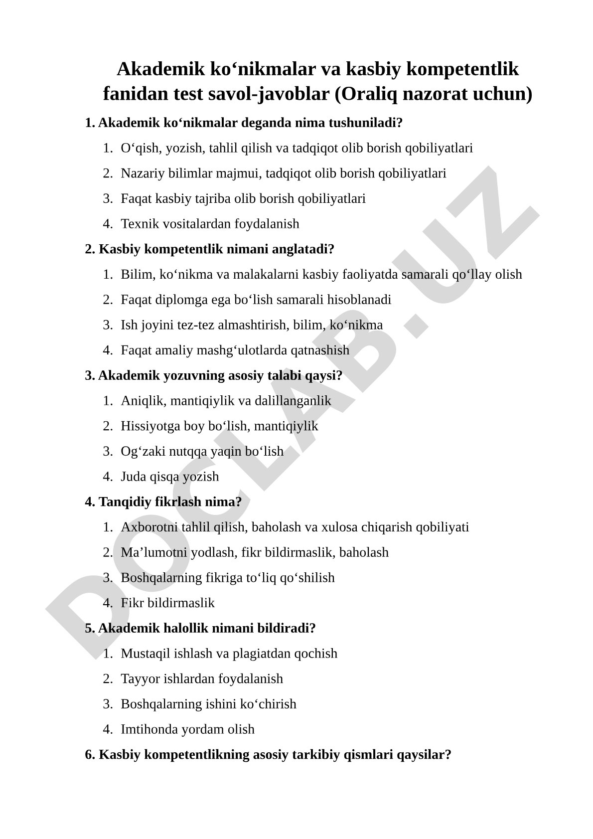 Akademik ko‘nikmalar va kasbiy kompetentlik fanidan test savol-javoblari