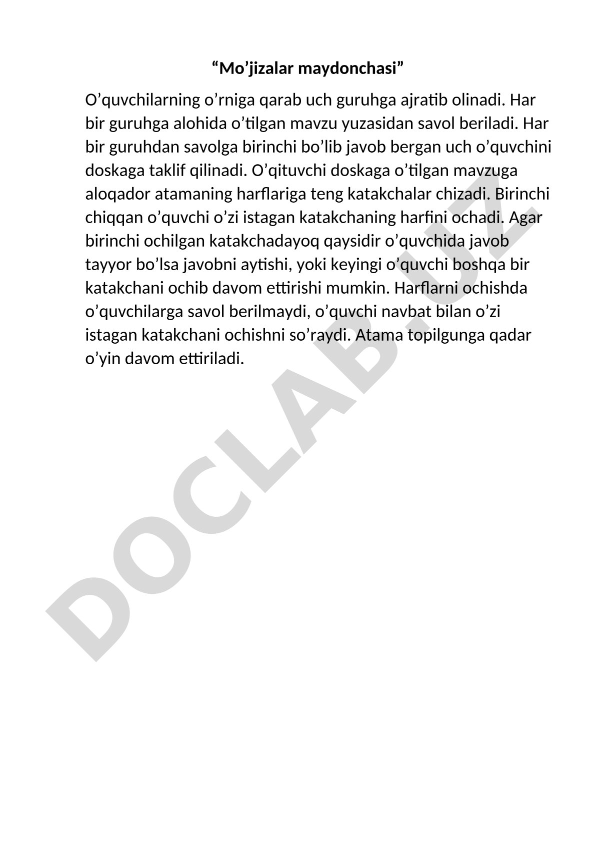 Darsda Mo'jizalar maydonchasi o'yinini tashkil etish metodikasi