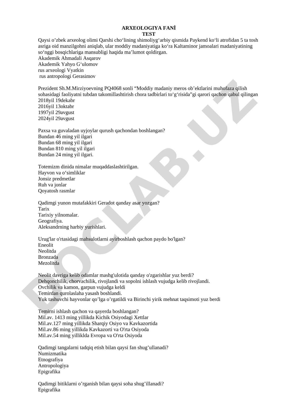 Arxeologiya fani test