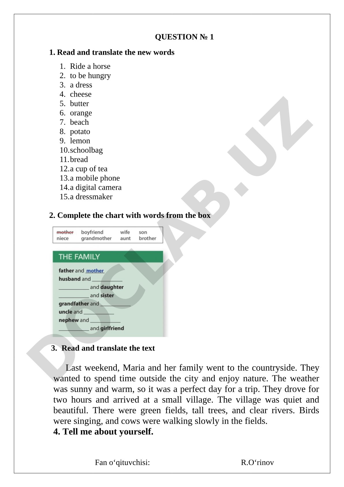 English vocabulary and reading text exercises