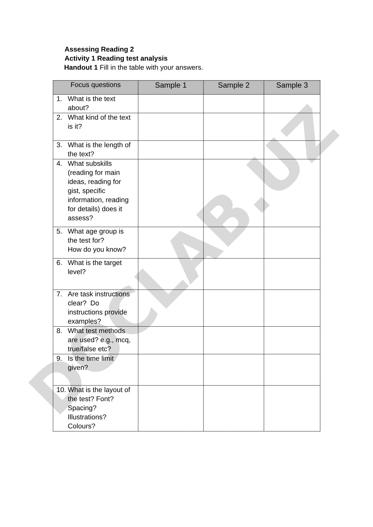 Activities for analyzing reading tests and discussing issues and challenges in assessing
