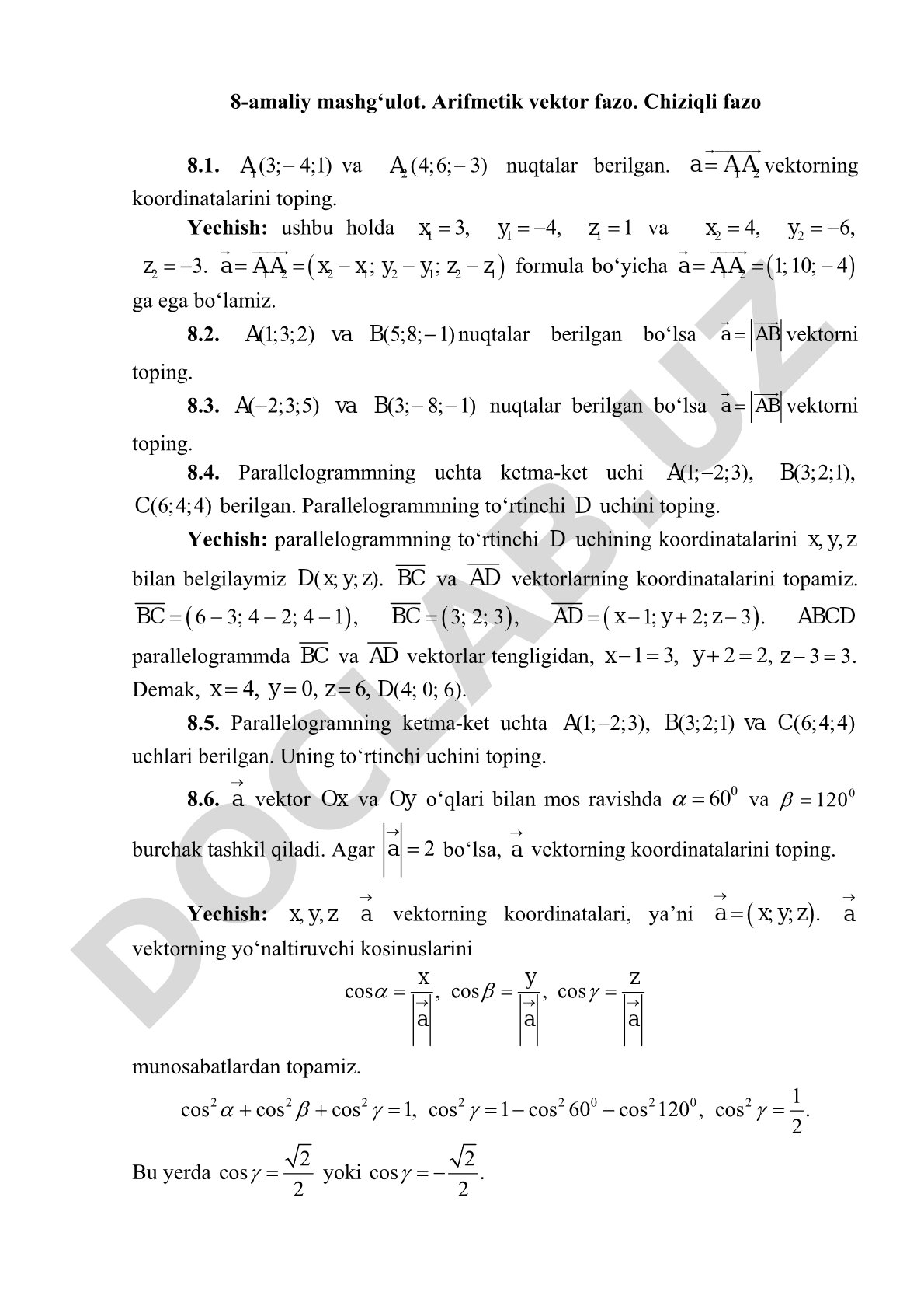 8-amaliy mashg‘ulot. Arifmetik vektor fazo. Chiziqli fazo