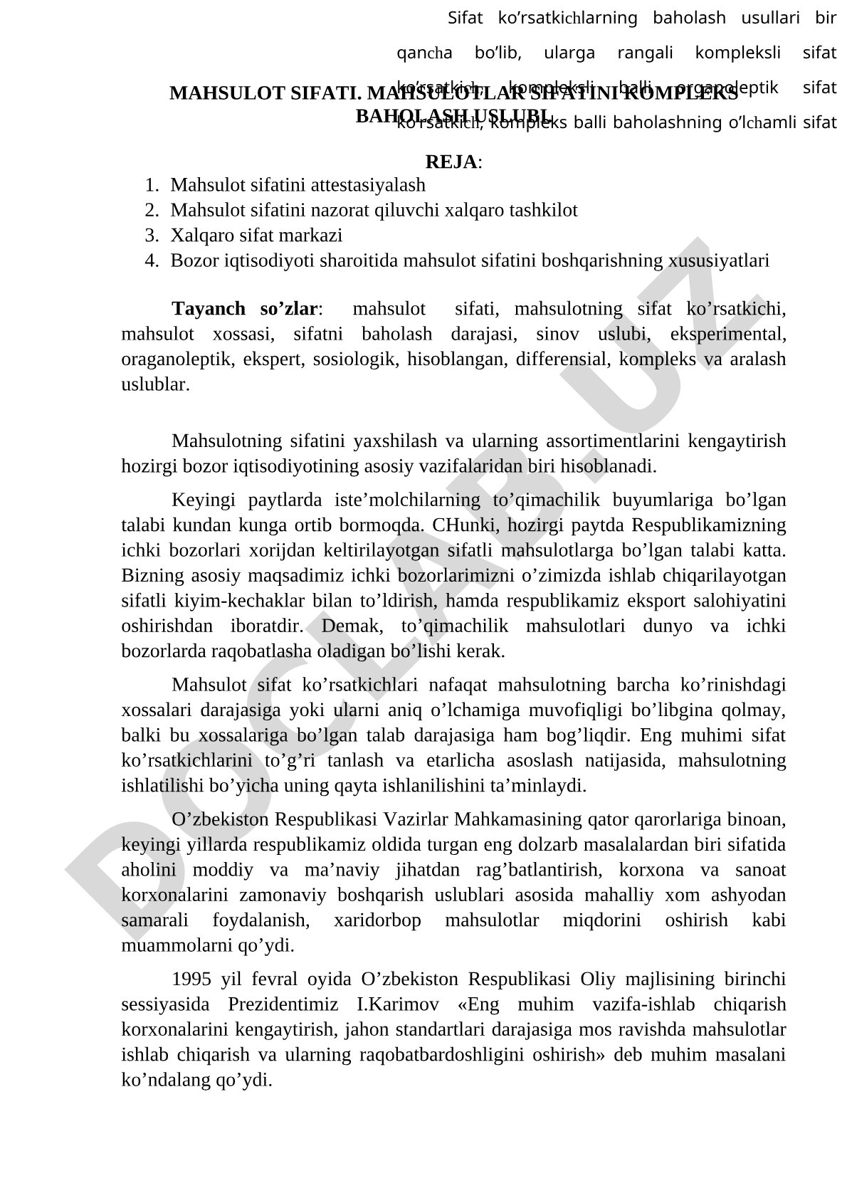 Mahsulot sifati. Mahsulotlar sifatini kompleks baholash uslubi.
