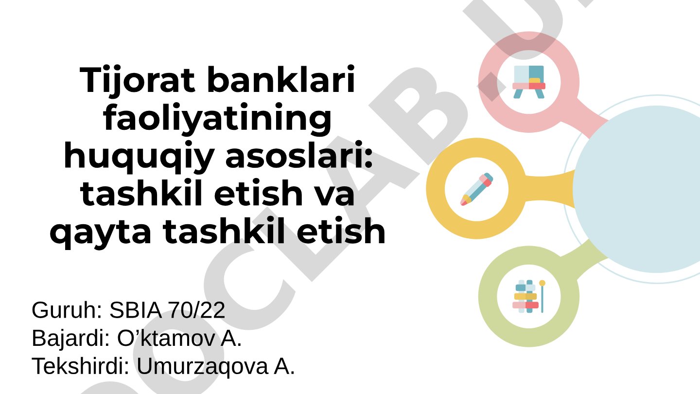 Tijorat banklari faoliyatining huquqiy asoslari: tashkil etish va qayta tashkil etish