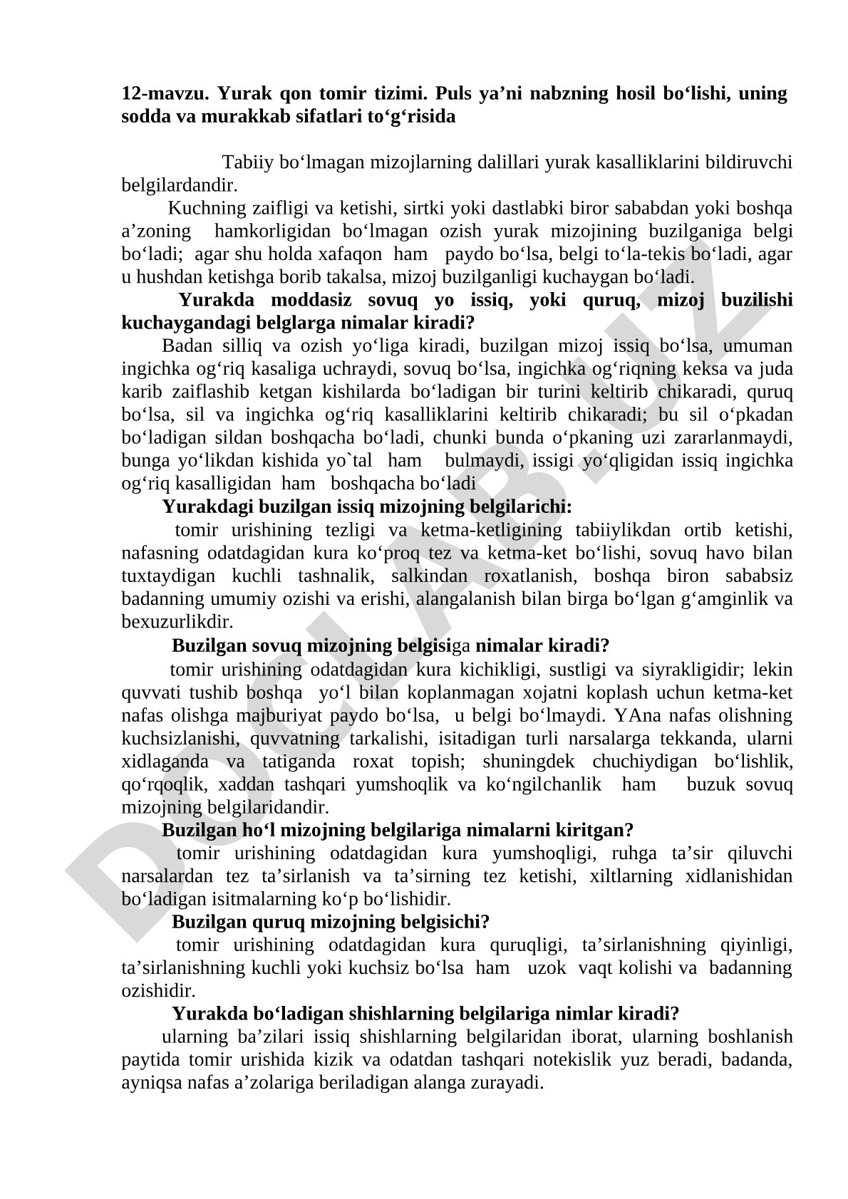 Yurak qon tomir tizimi va pulsning hosil bo'lishi