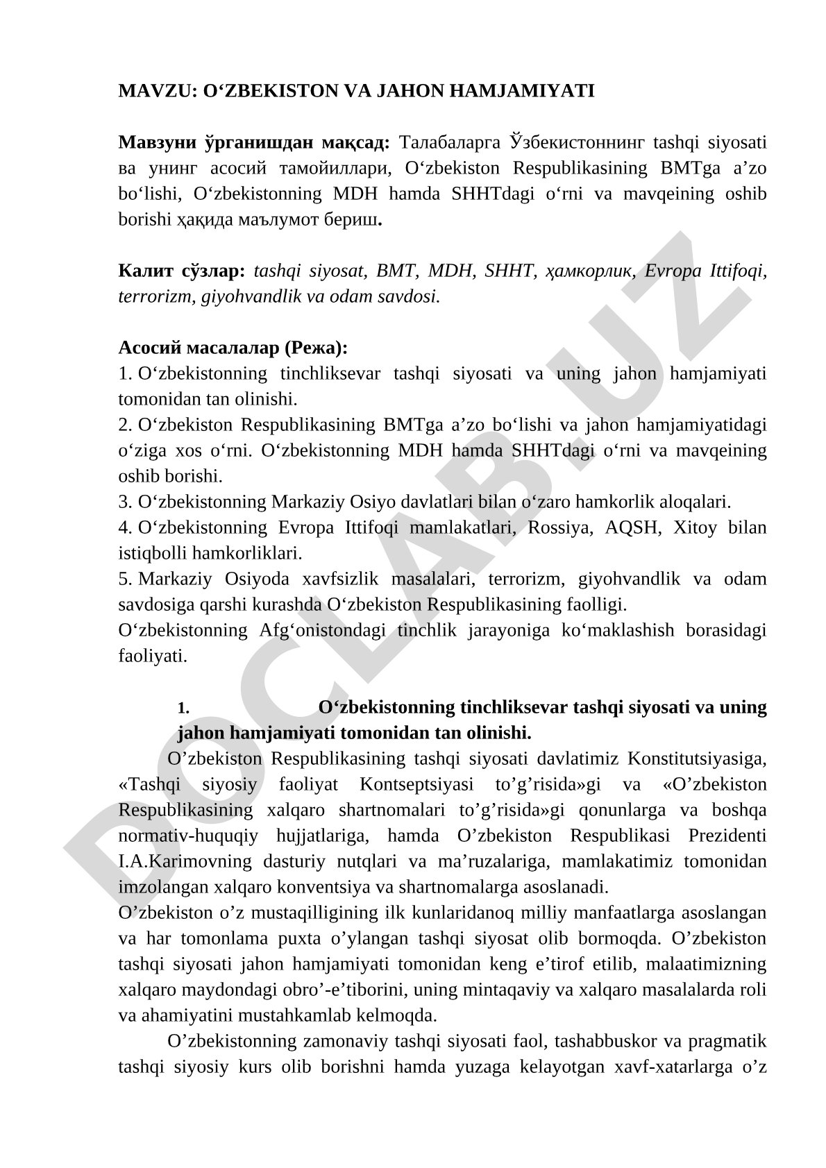 O‘ZBEKISTON VA JAHON HAMJAMIYATI
