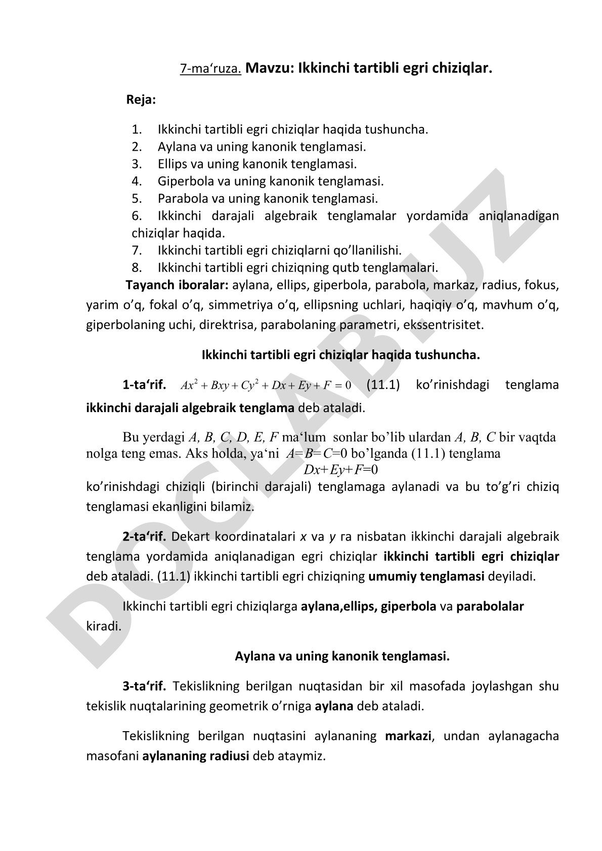 Ikkinchi tartibli egri chiziqlar