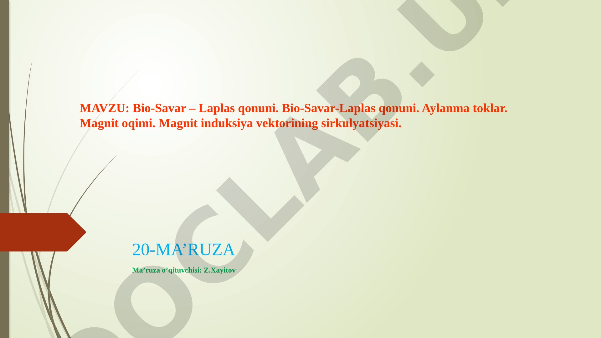 Bio-Savar-Laplas qonuni, aylanma toklar, magnit oqimi, magnit induksiya vektorining sirkulyatsiyasi