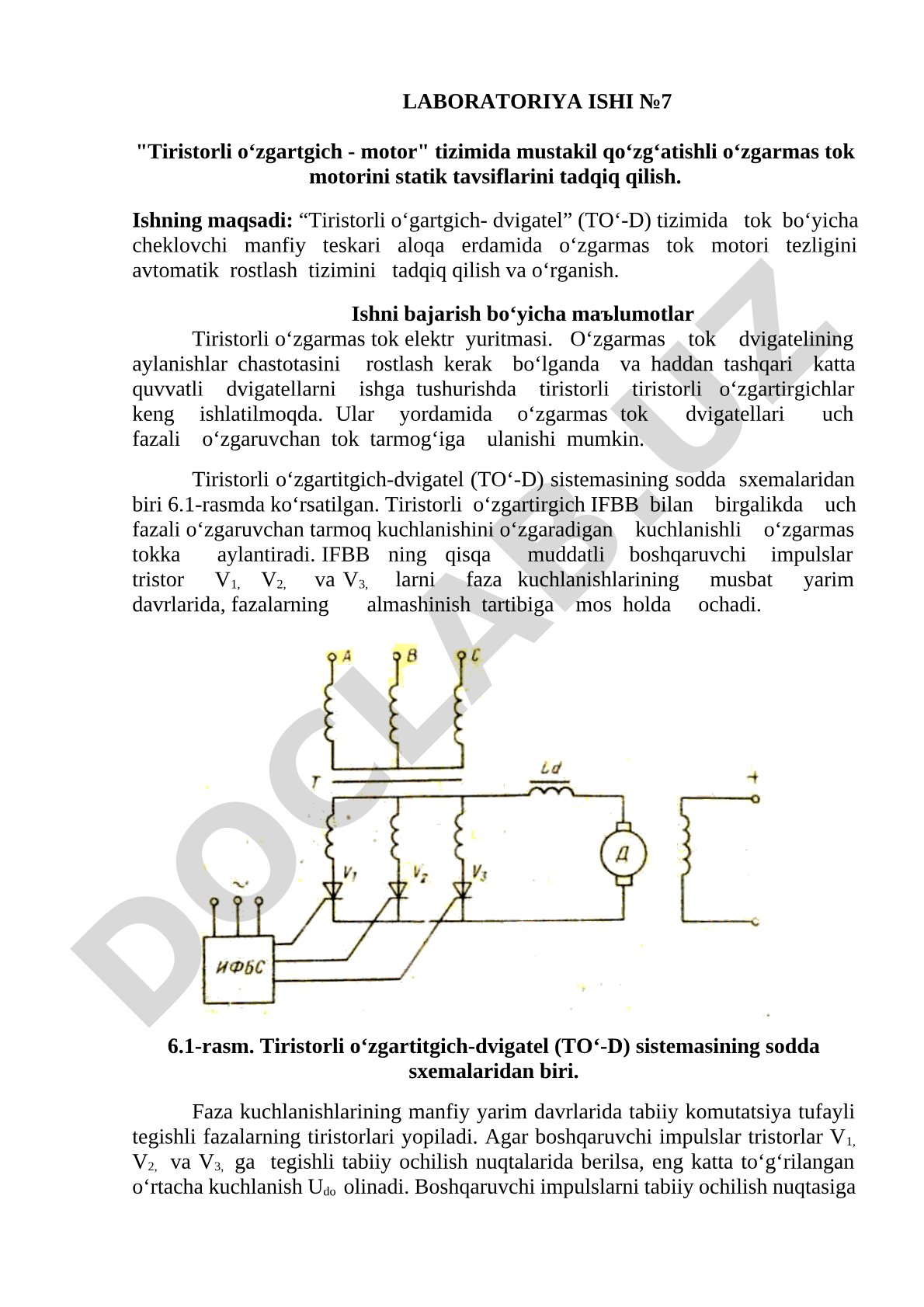 Tiristorli o‘zgartgich - motor tizimida mustakil qo‘zg‘atishli o‘zgarmas tok motorini statik tavsiflarini tadqiq qilish
