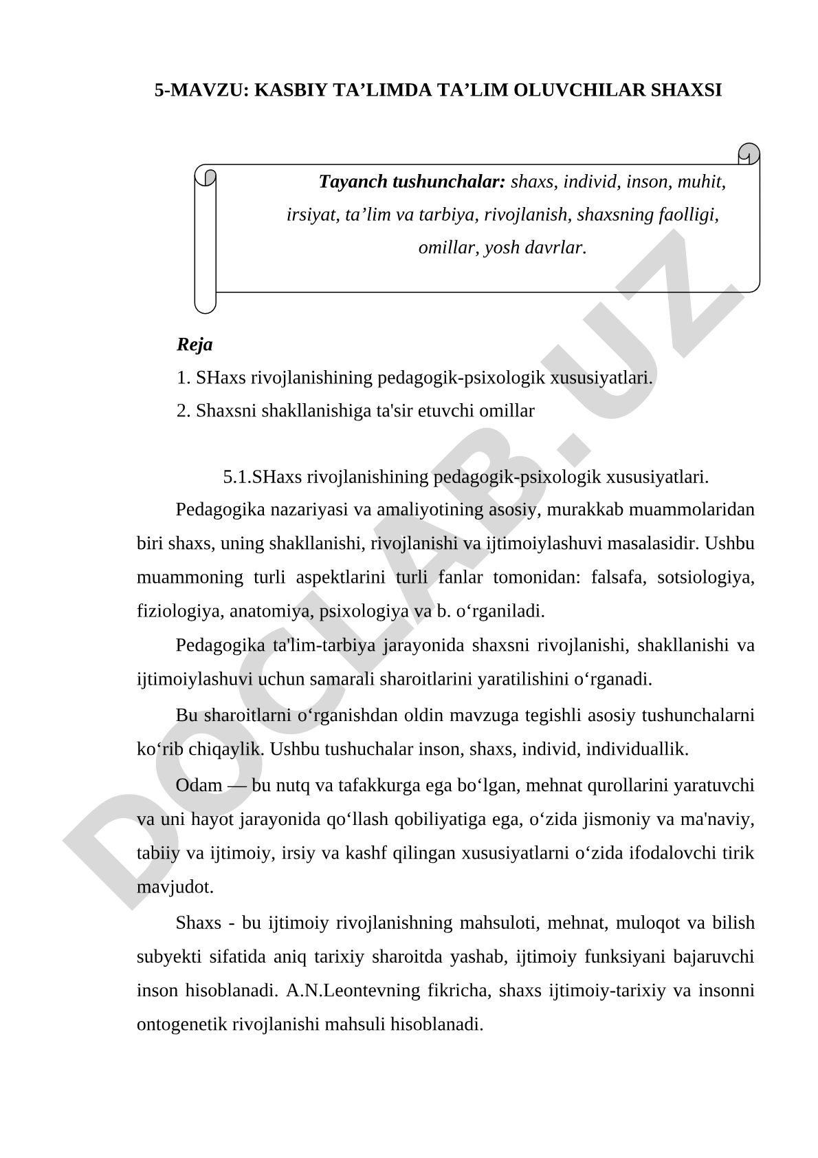Kasbiy ta'limda ta'lim oluvchilar shaxsi