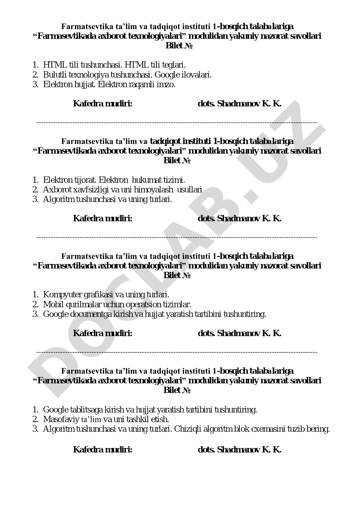 Farmasevtikada axborot texnologiyalari modulidan yakuniy nazorat savollari