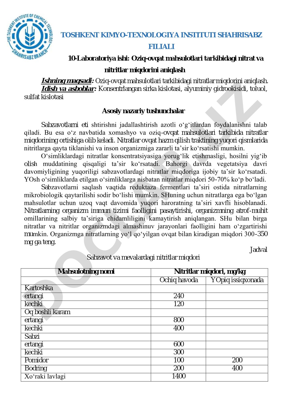 Oziq-ovqat mahsulotlari tarkibidagi nitrat va nitritlar miqdorini aniqlash