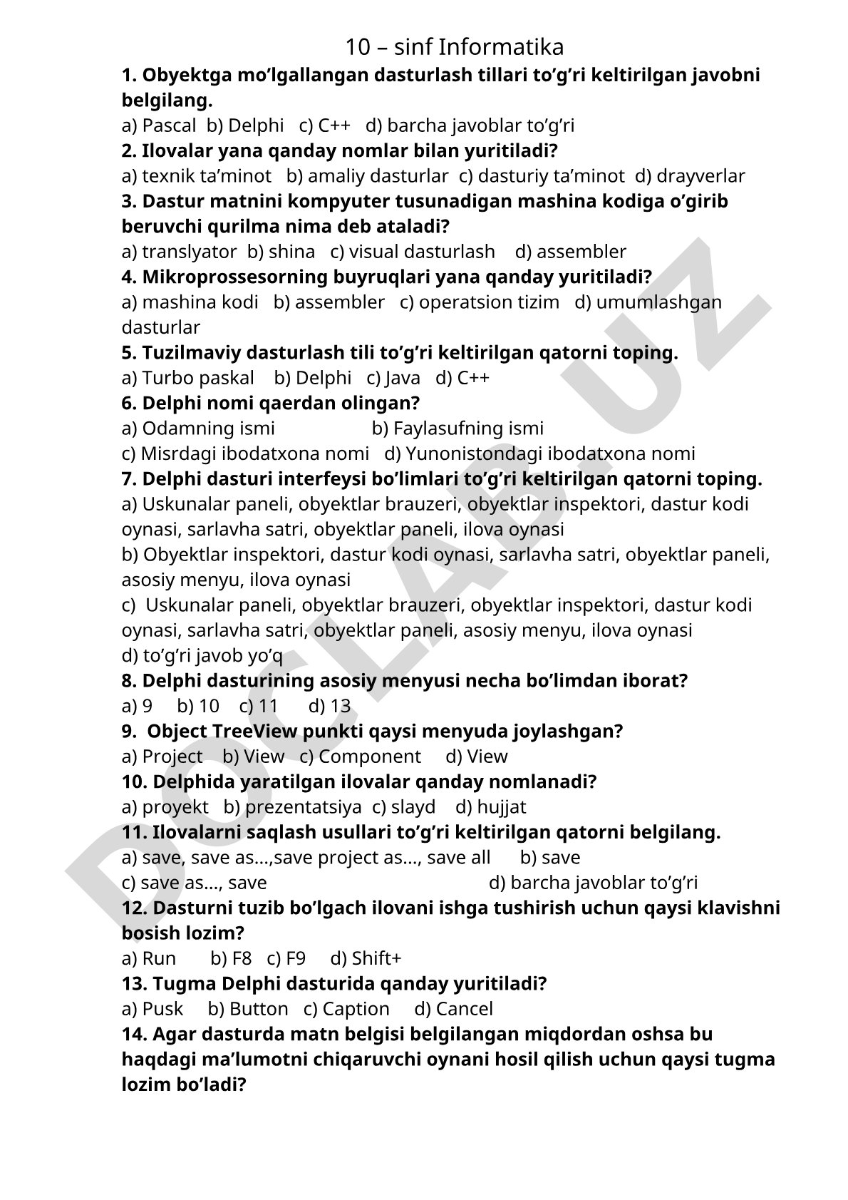 Informatika 10-sinf obyektga mo'ljallangan dasturlash tillari