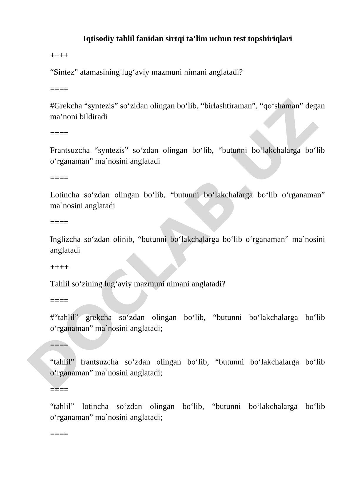 Iqtisodiy tahlil fanidan sirtqi ta'lim uchun test topshiriqlari