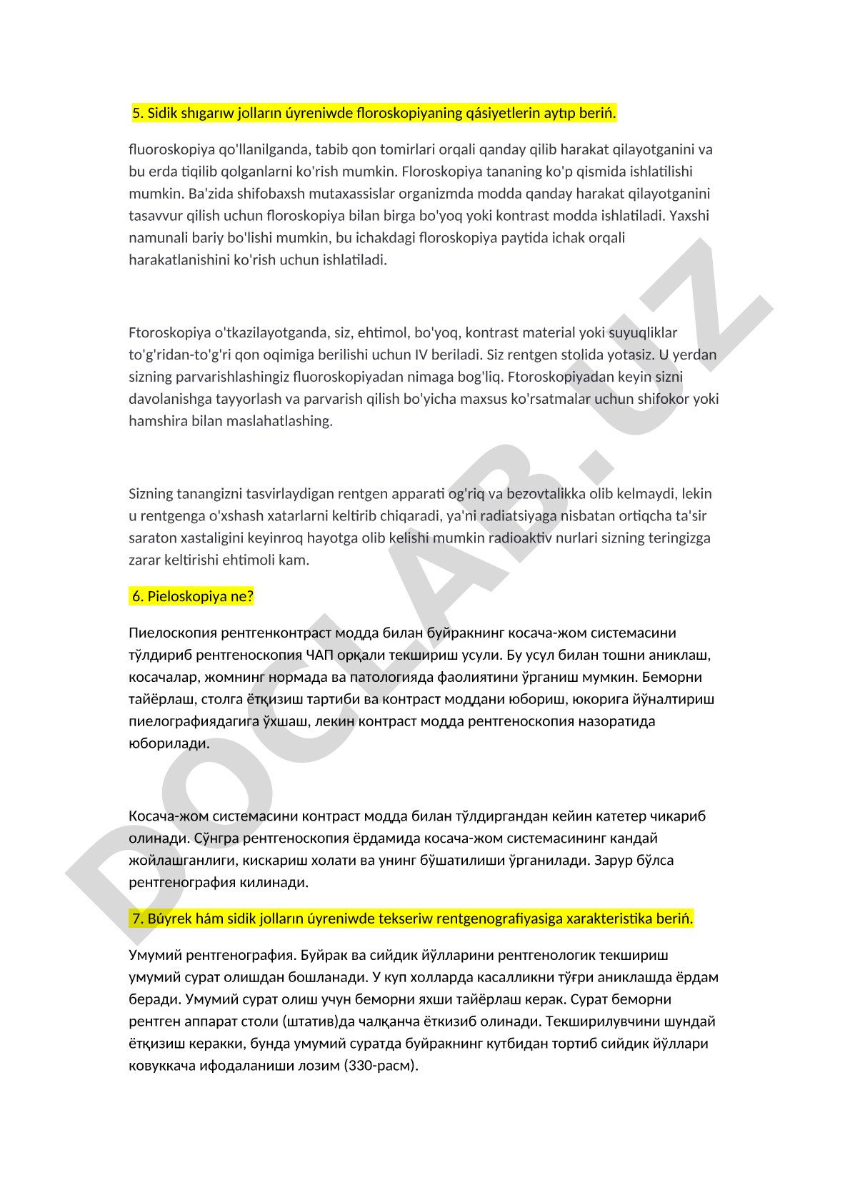 Sidik shıgarıw jolların úyreniwde floroskopiyaning qásiyetleri