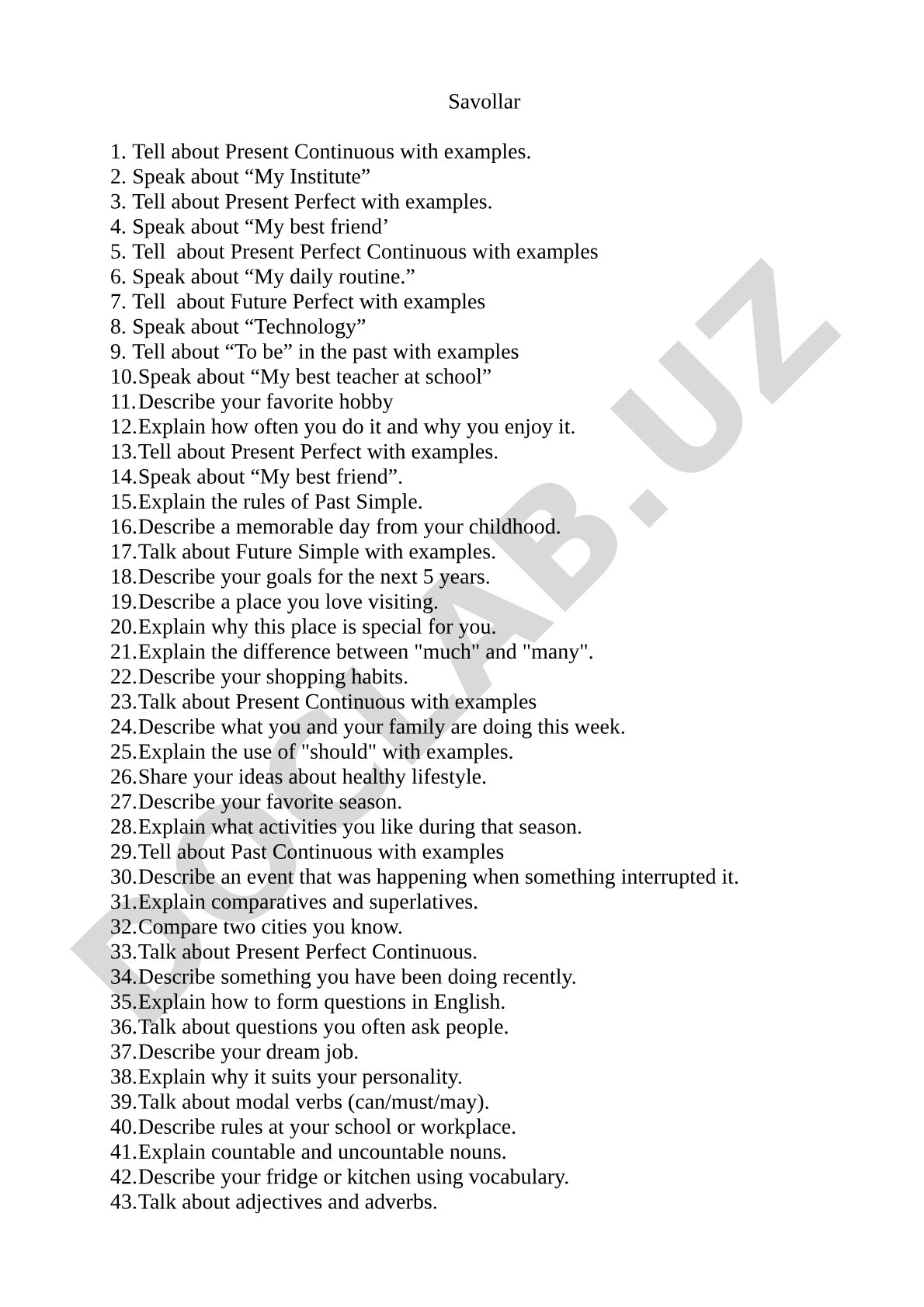English Grammar and Speaking Practice Questions