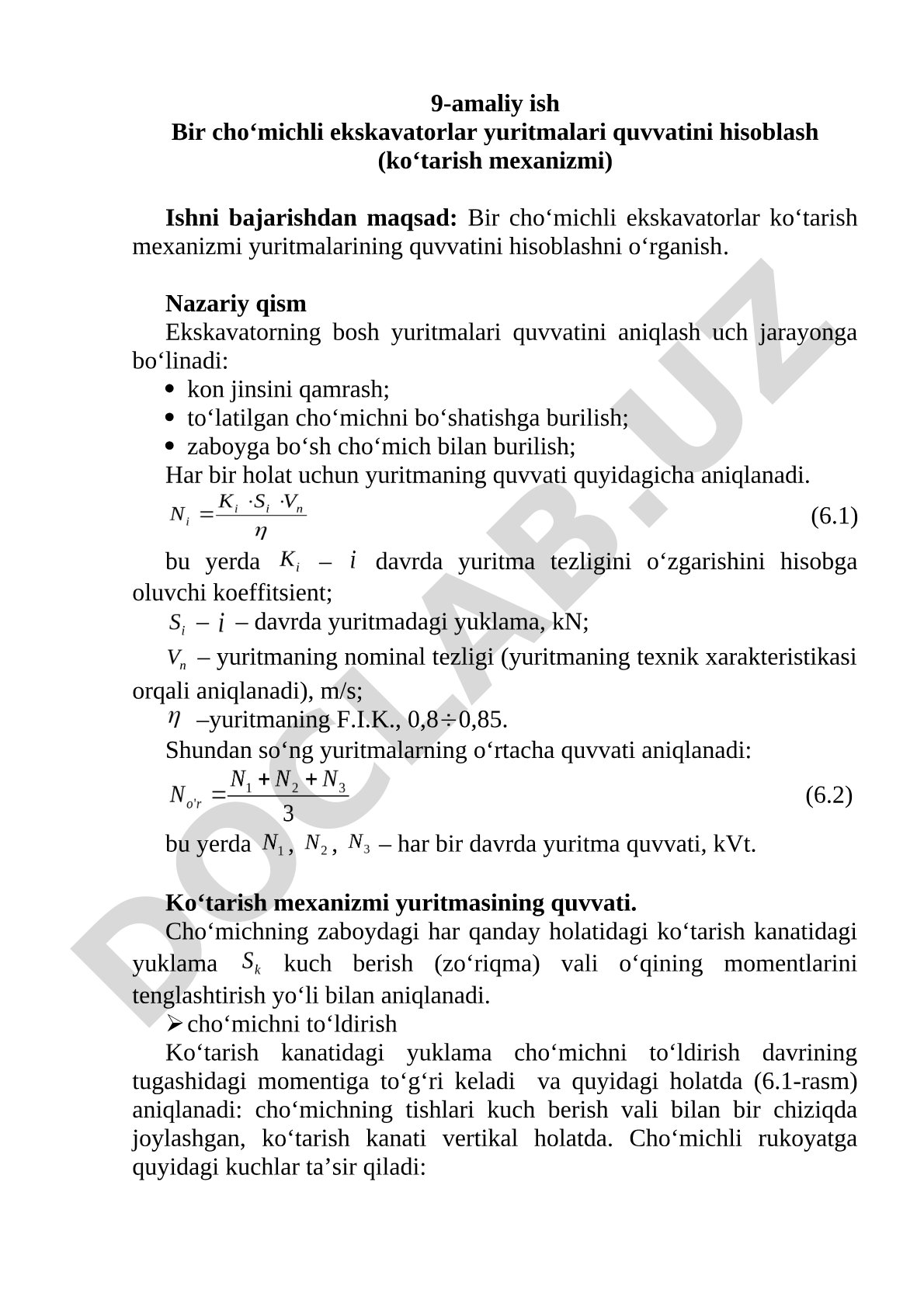 Bir cho‘michli ekskavatorlar yuritmalari quvvatini hisoblash (ko‘tarish mexanizmi)