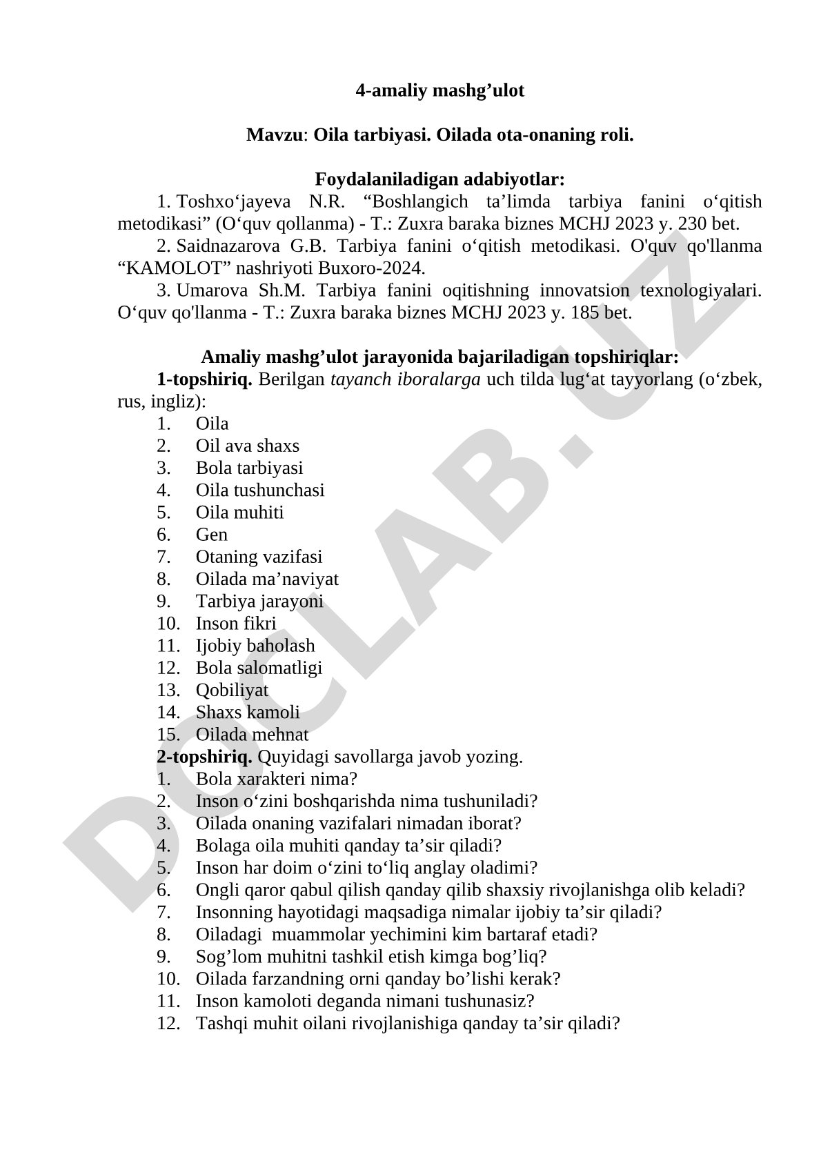 Oila tarbiyasi. Oilada ota-onaning roli
