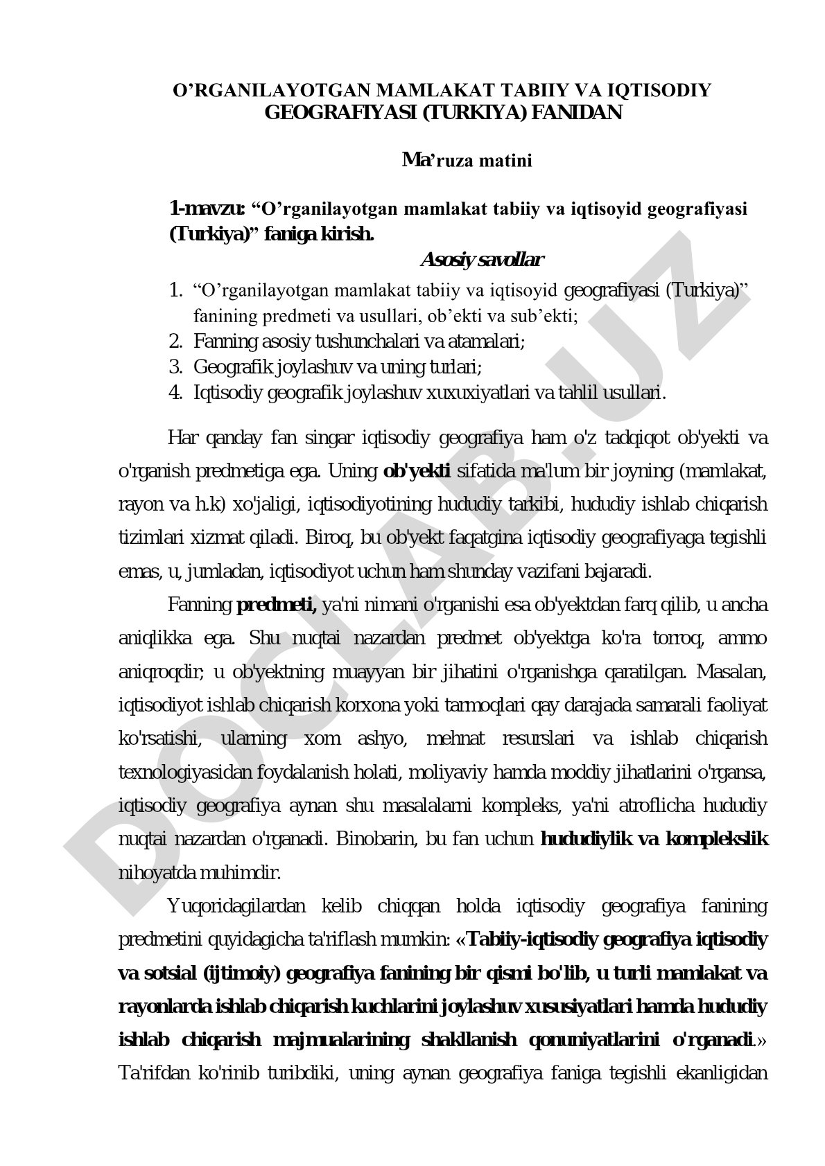 O’rganilayotgan mamlakat tabiiy va iqtisoyid geografiyasi (Turkiya) faniga kirish