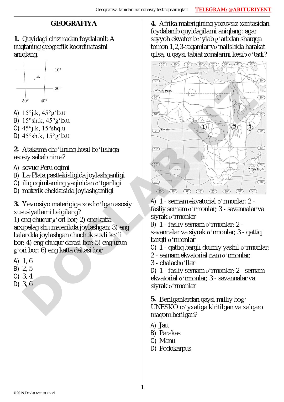 Geografiya fanidan namunaviy test topshiriqlari 1