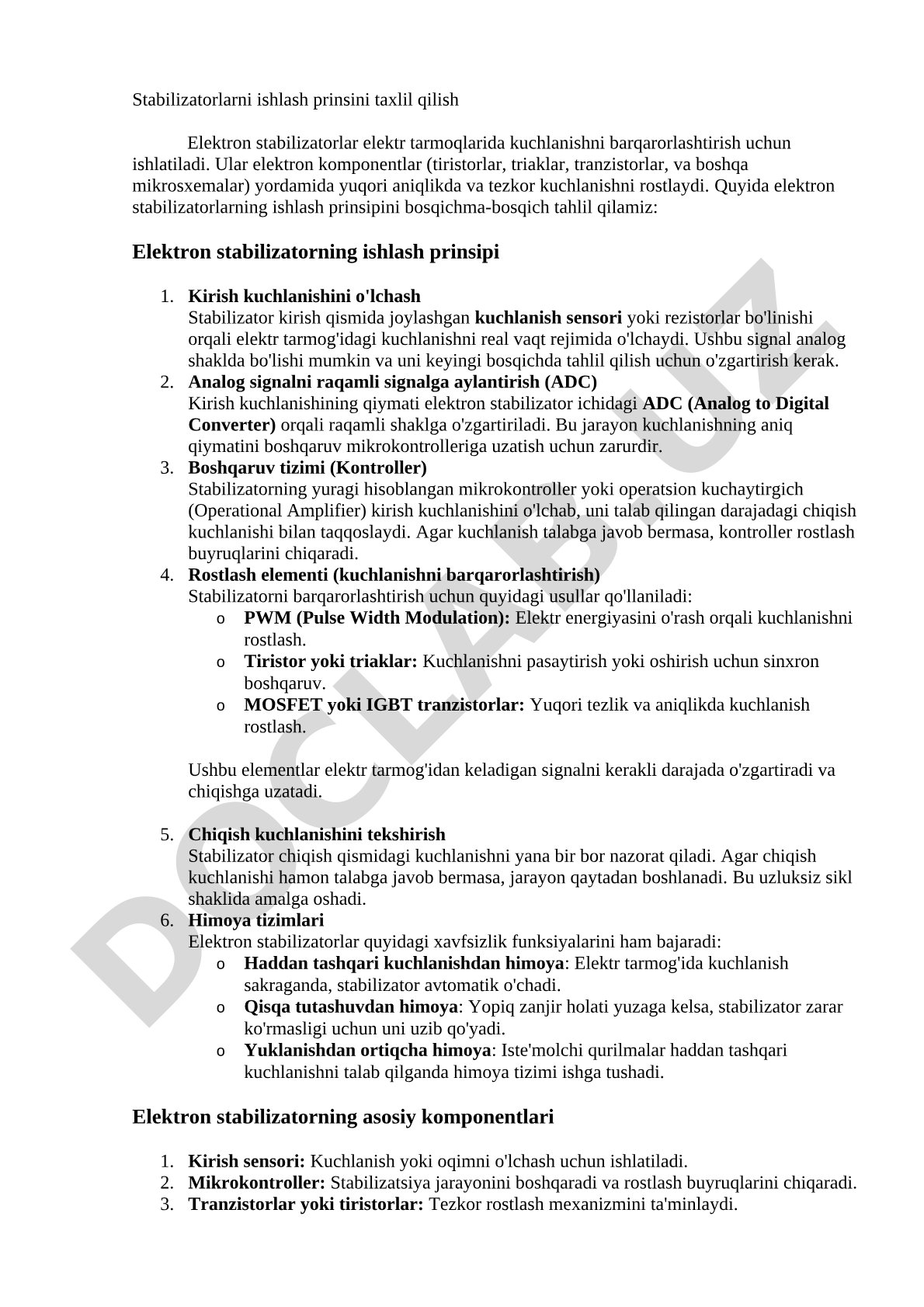 Stabilizatorlarni ishlash prinsini taxlil qilish