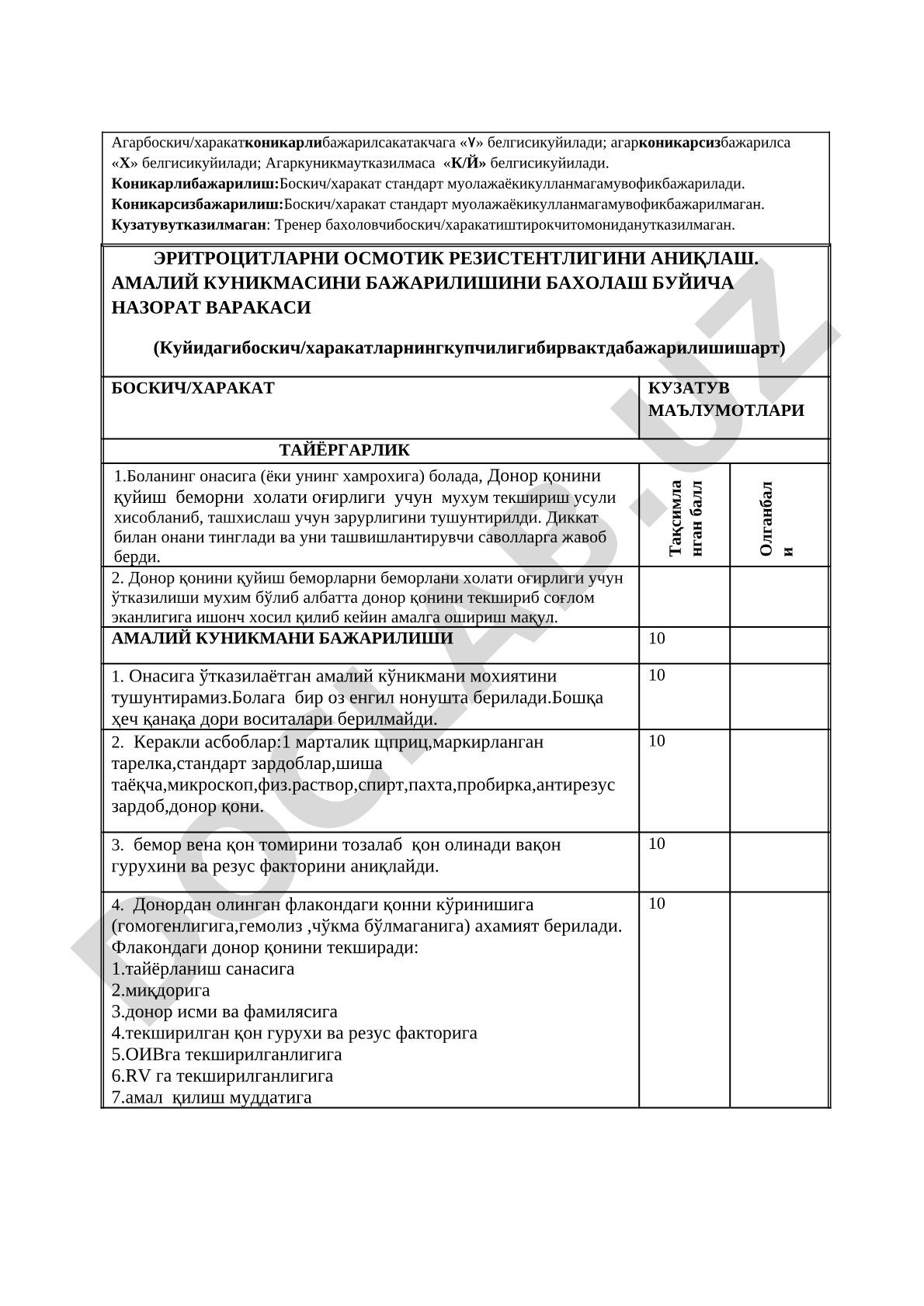 Эритроцитларни осмотик резистентлигини аниқлаш амалий кўникмасини бажарилишини баҳолаш бўйича назорат варақаси