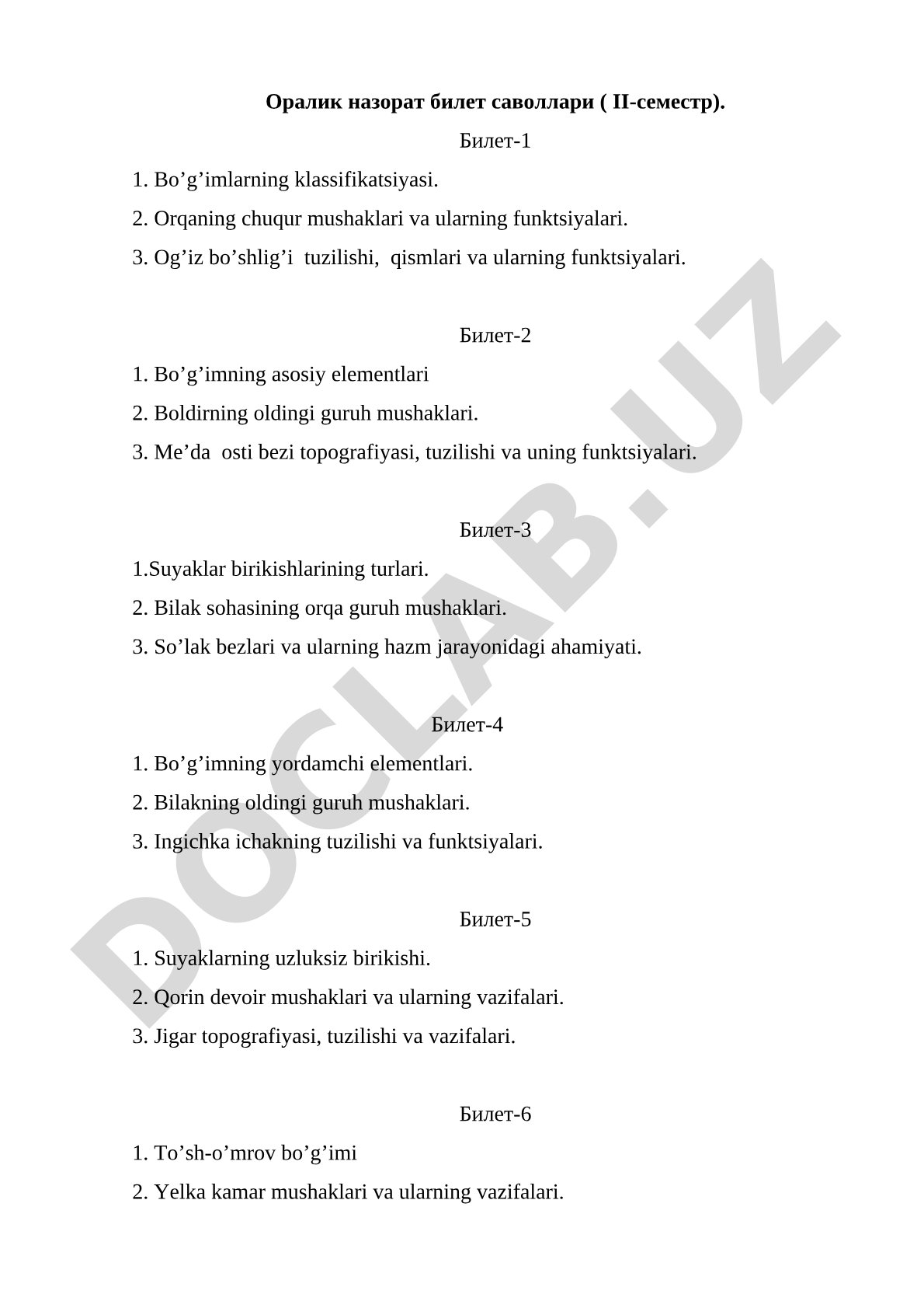 Оралик назорат билет саволлари (II-семестр)