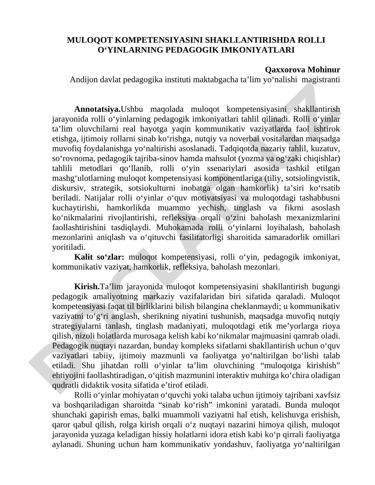 Muloqot kompetensiyasini shakllantirishda rolli o‘yinlarning pedagogik imkoniyatlari