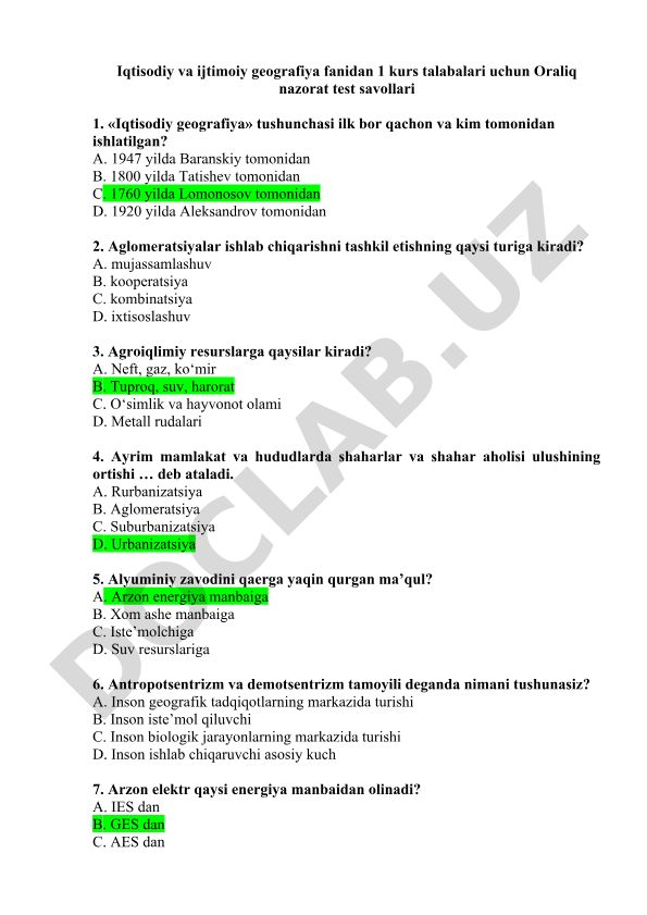 Iqtisodiy va ijtimoiy geografiya fanidan oralig nazorat test savollari