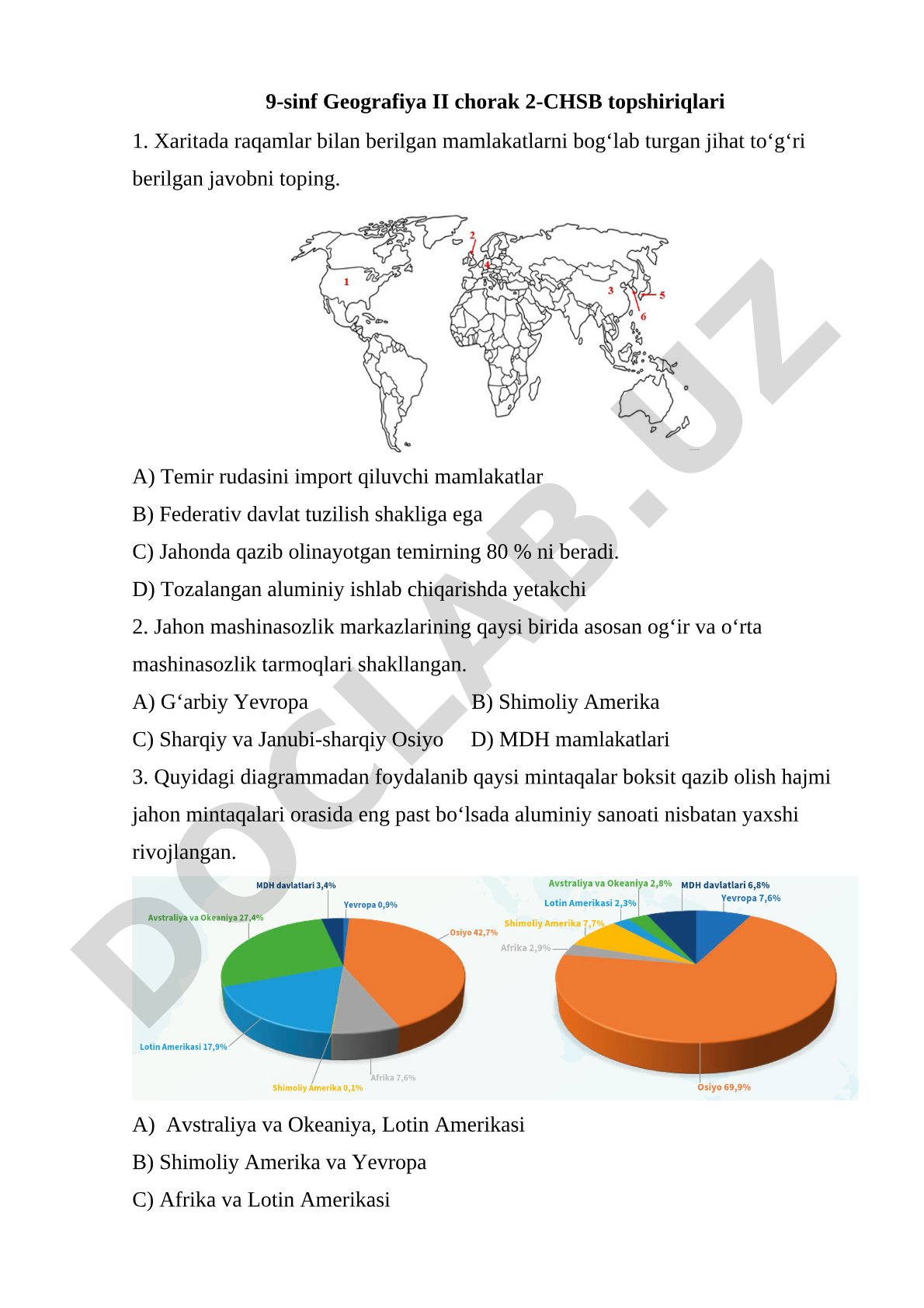 9-sinf Geografiya II chorak 2-CHSB topshiriqlari