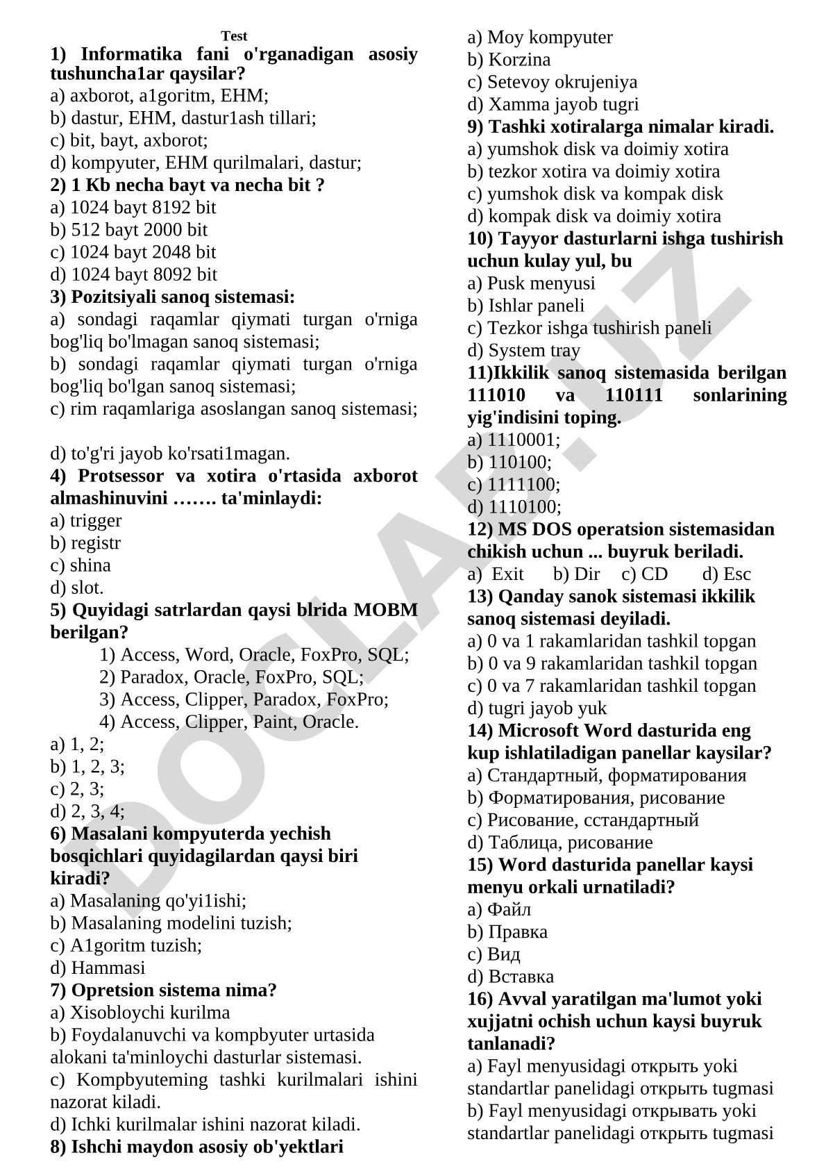 Informatika fanidan test savollari