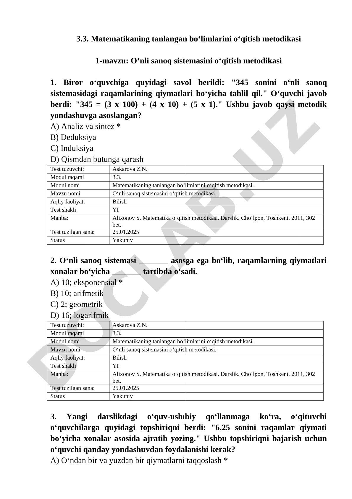 O‘nli sanoq sistemasini o‘qitish metodikasi