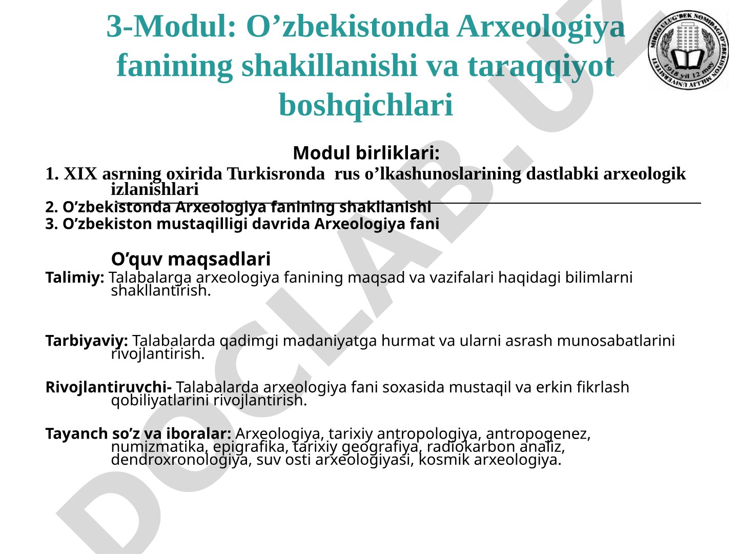 O’zbekistonda Arxeologiya fanining shakillanishi va taraqqiyot boshqichlari