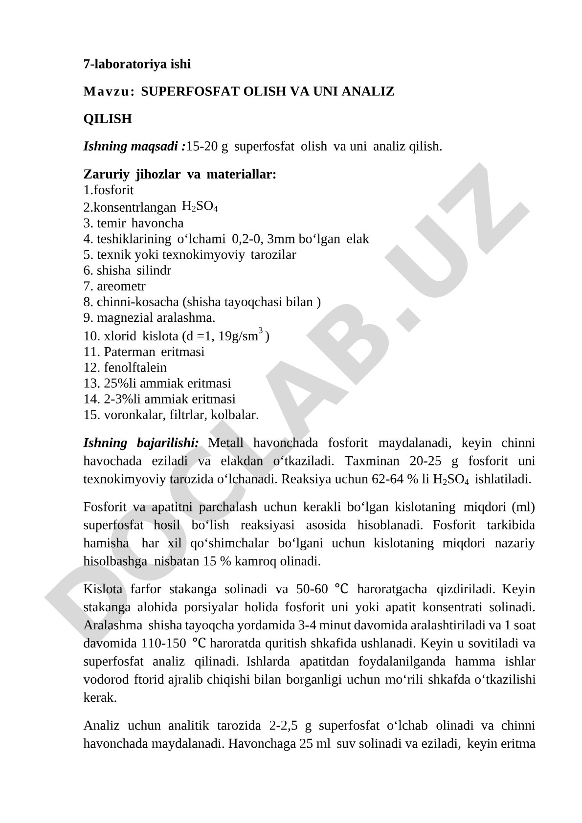 SUPERFOSFAT OLISH VA UNI ANALIZ QILISH