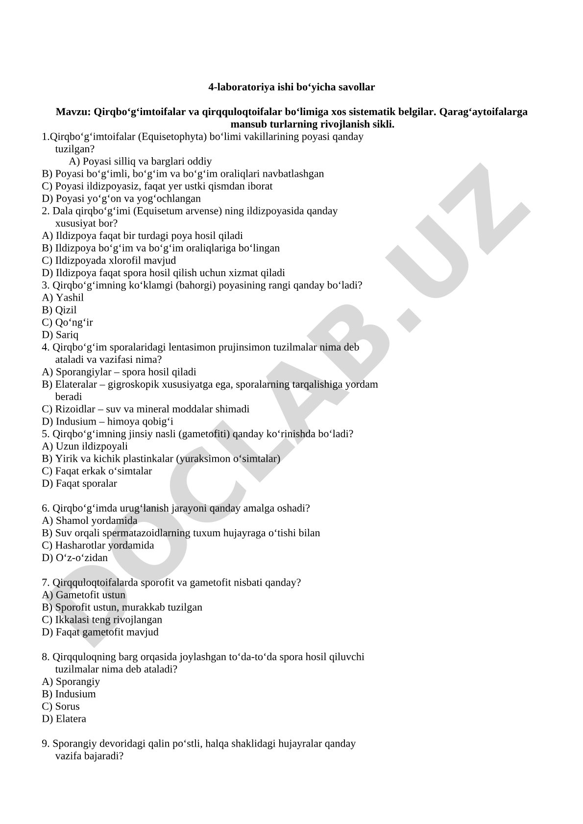 Qirqboʻgʻim, qirqquloq va qaragʻay toifalarining sistematik belgilari hamda rivojlanish sikli