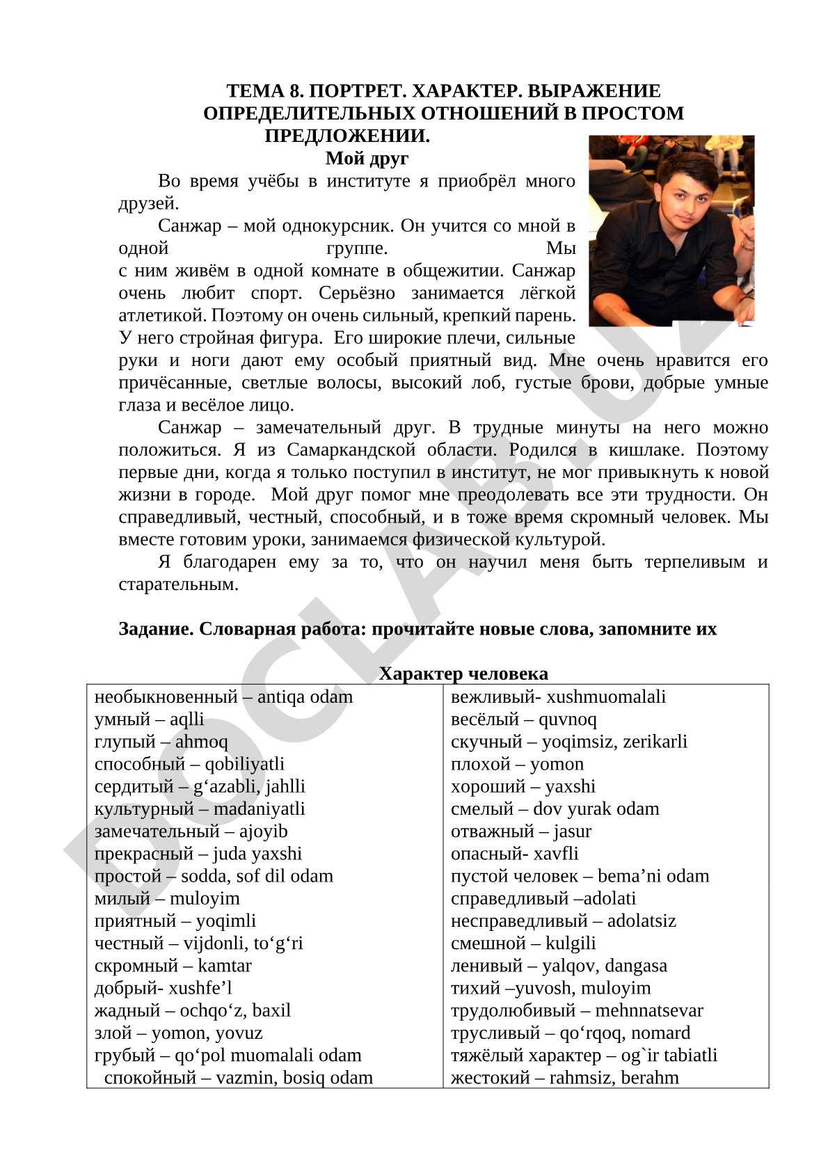 Портрет. Характер. Выражение определительных отношений в простом предложении. Мой друг