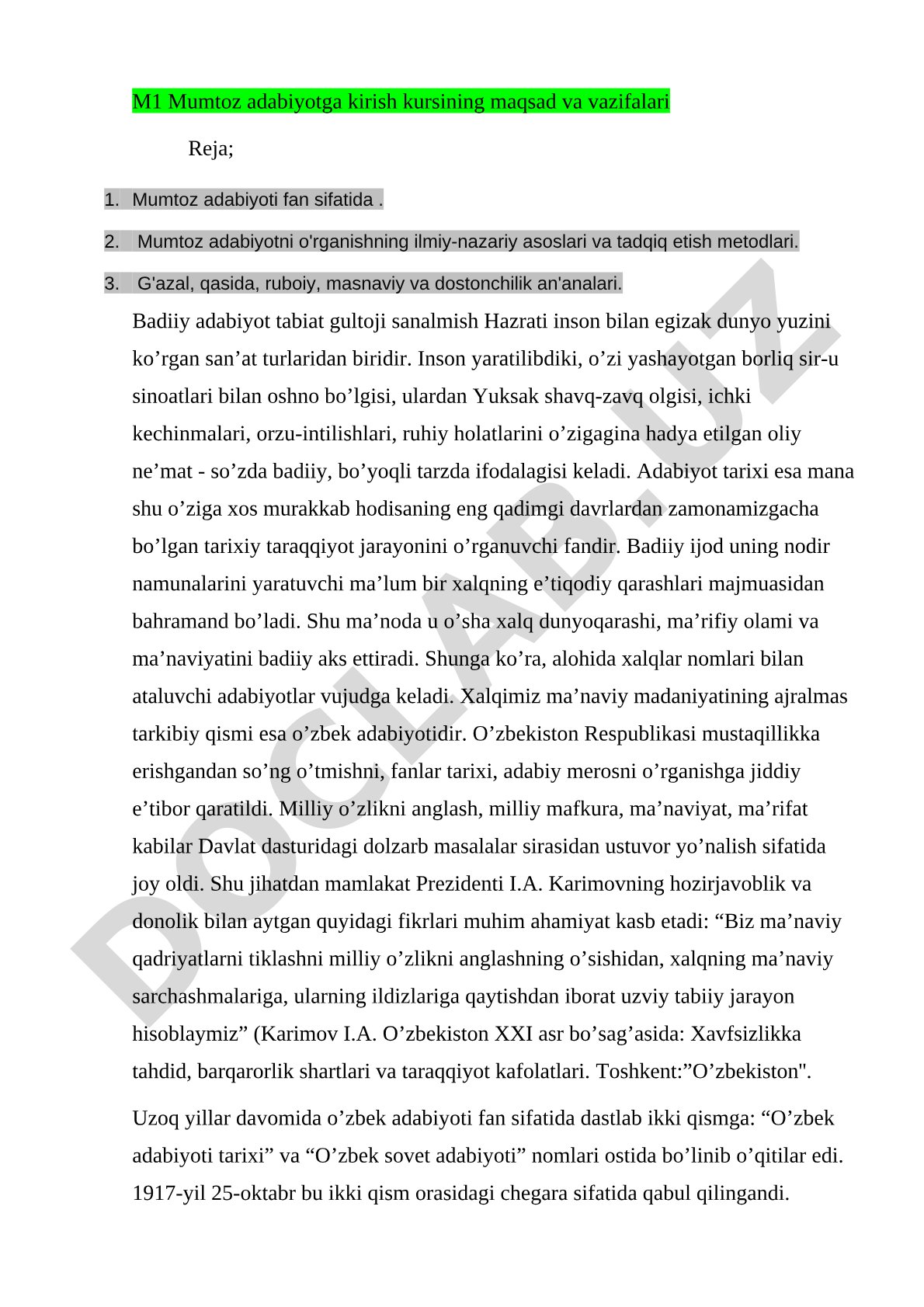 M1 Mumtoz adabiyotga kirish kursining maqsad va vazifalari