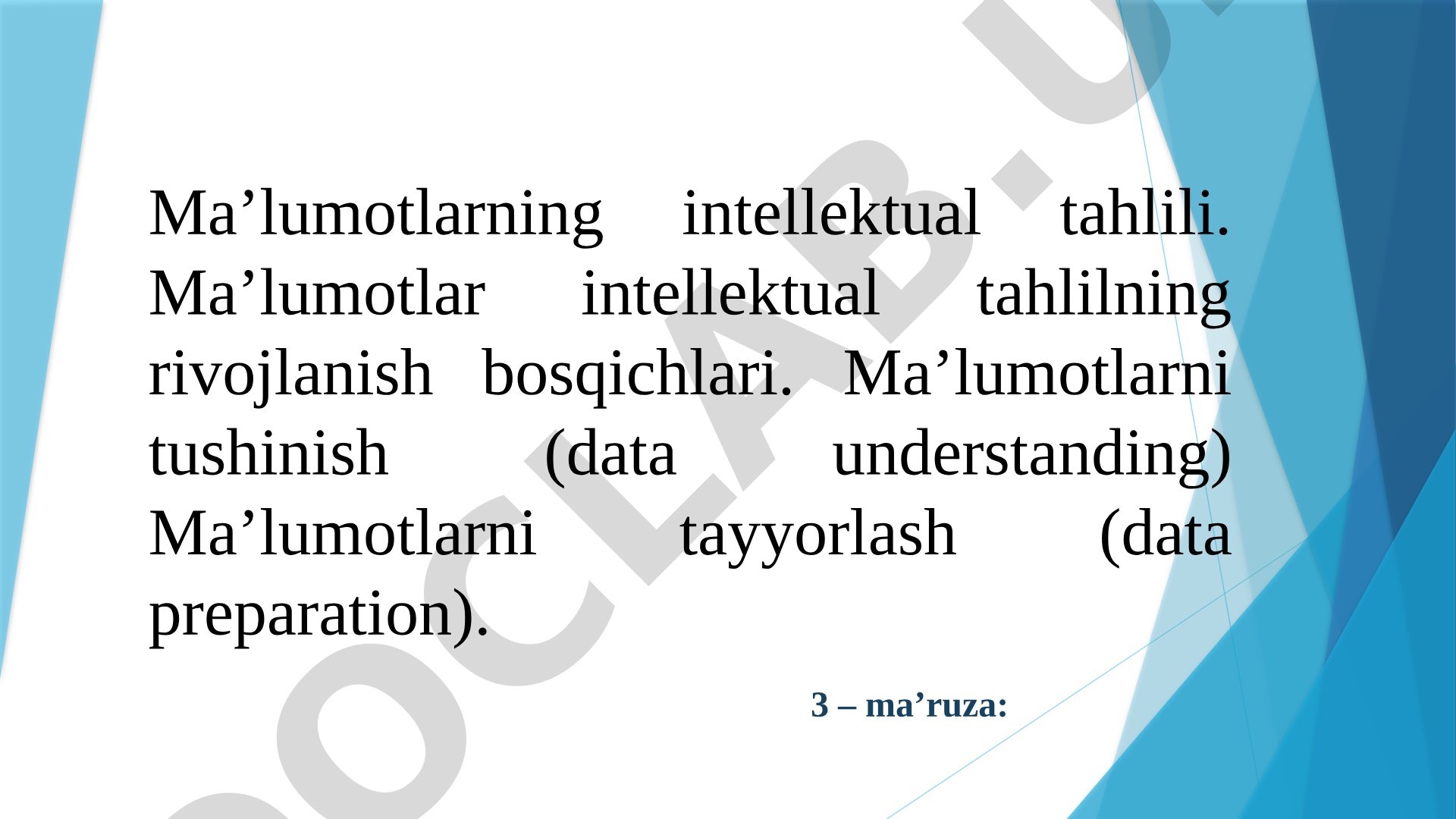 Rivojlanish bosqichlari, ma’lumotlarni tushunish va tayyorlash jarayonlari yoritilgan